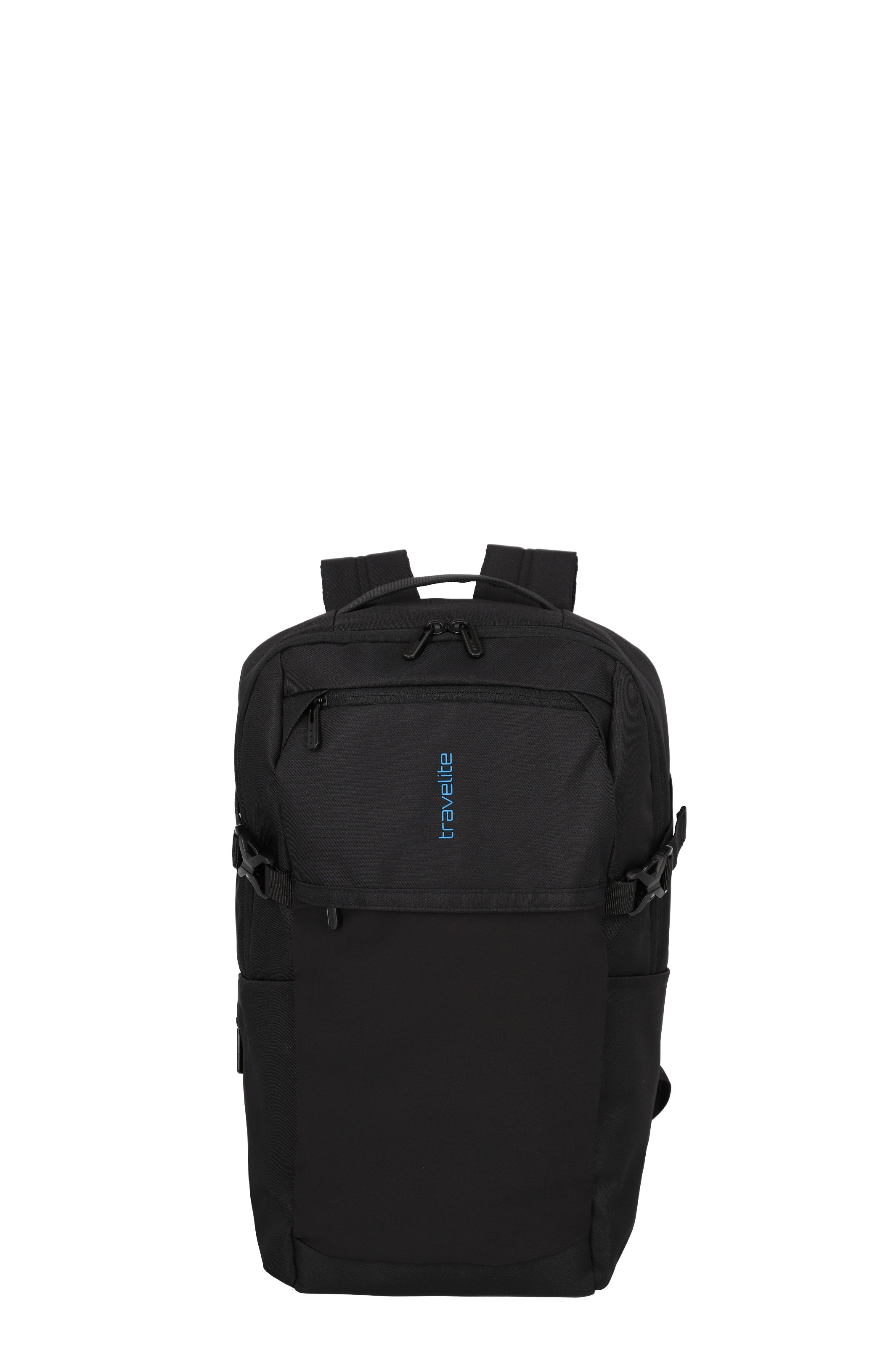 Schwarzer TRAVELITE Allround Rucksack, Frontansicht. Aufgesetzte Reißverschlusstasche oben mit kleinem blauem TRAVELITE Schriftzug. Zwei gepolsterte Trageriemen und Tragegriff oben. Seitliche Befestigungsriemen mit Klickverschluss.