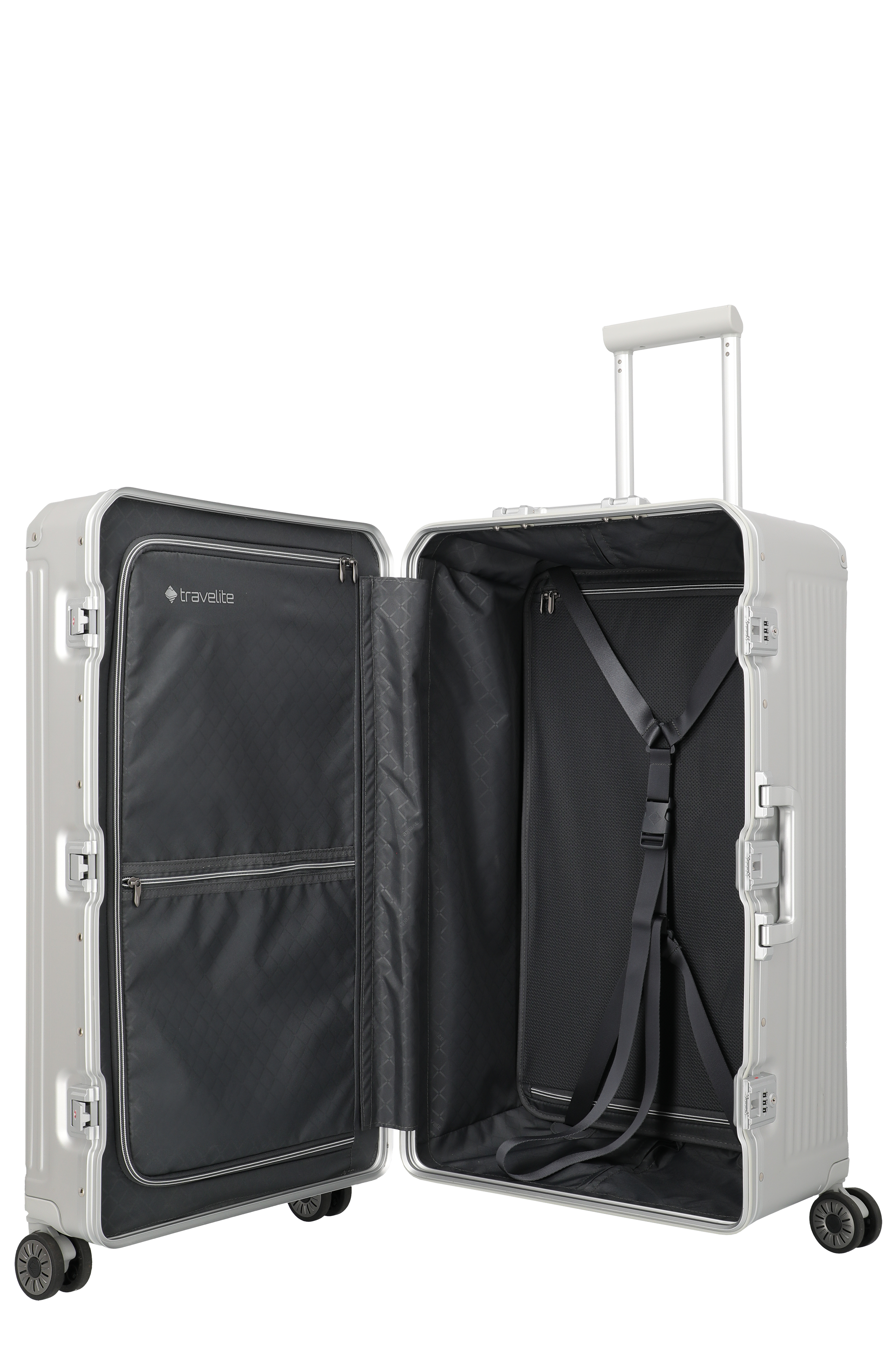 Großer silberner Hartschalenkoffer mit geöffnetem Innenraum, Trennfach und Kreuzspanngurt von travelite