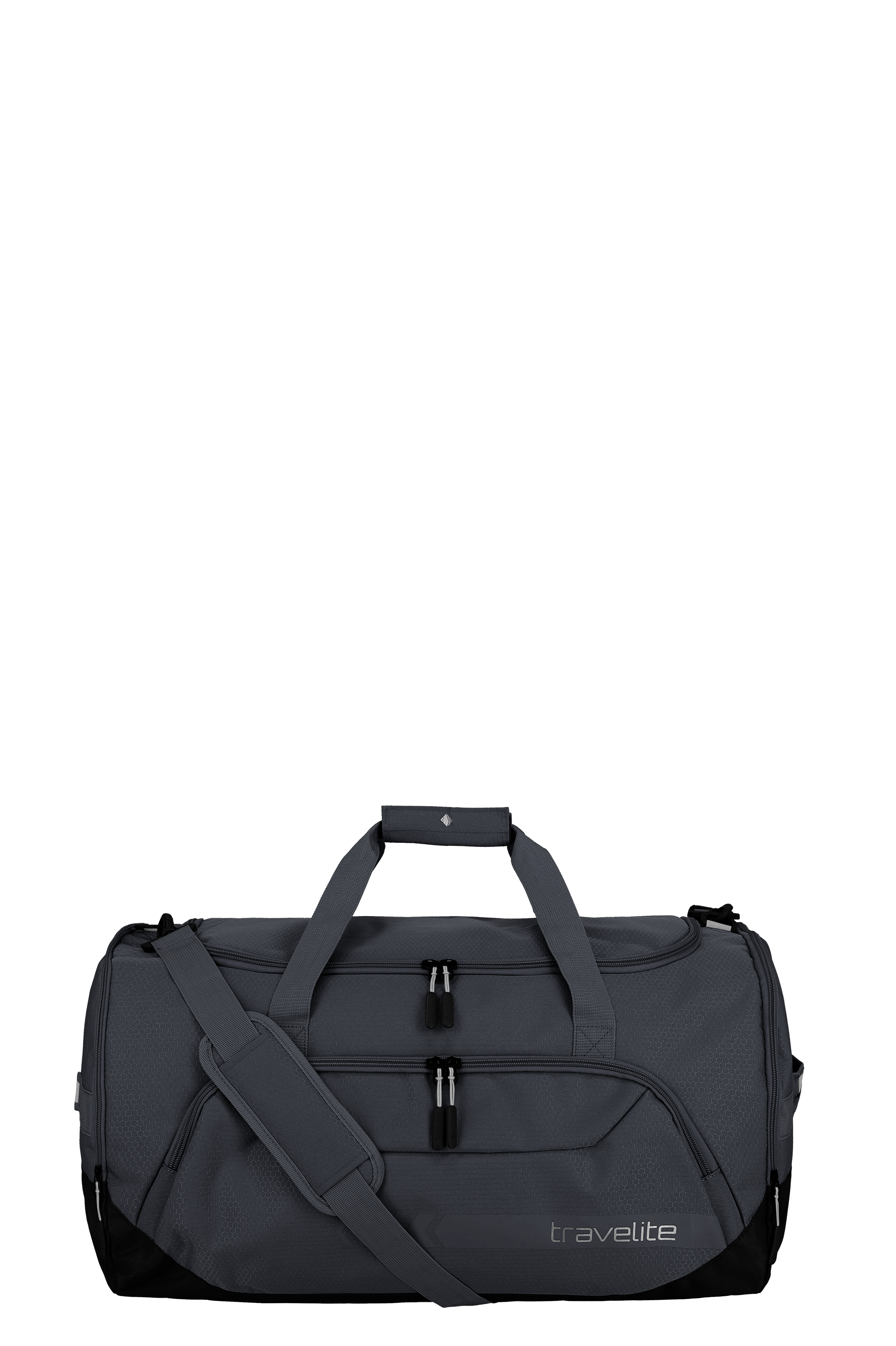 Dunkelgraue TRAVELITE Freizeittasche L mit Tragegriffen und Schultergurt vor schwarzem Hintergrund. Zwei Reißverschlusstaschen vorne. Markenname unten rechts. Tasche mit subtiler, sechseckiger Textur.