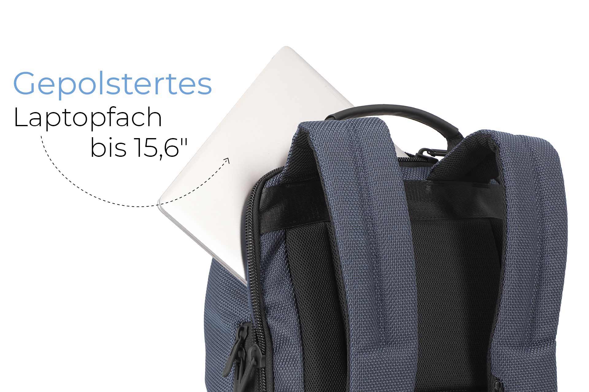 Rucksack mit gepolstertem Laptopfach bis 15,6 Zoll Nahaufnahme eines Rucksacks mit Laptop im gepolsterten Fach, geeignet für Geräte bis 15,6 Zoll