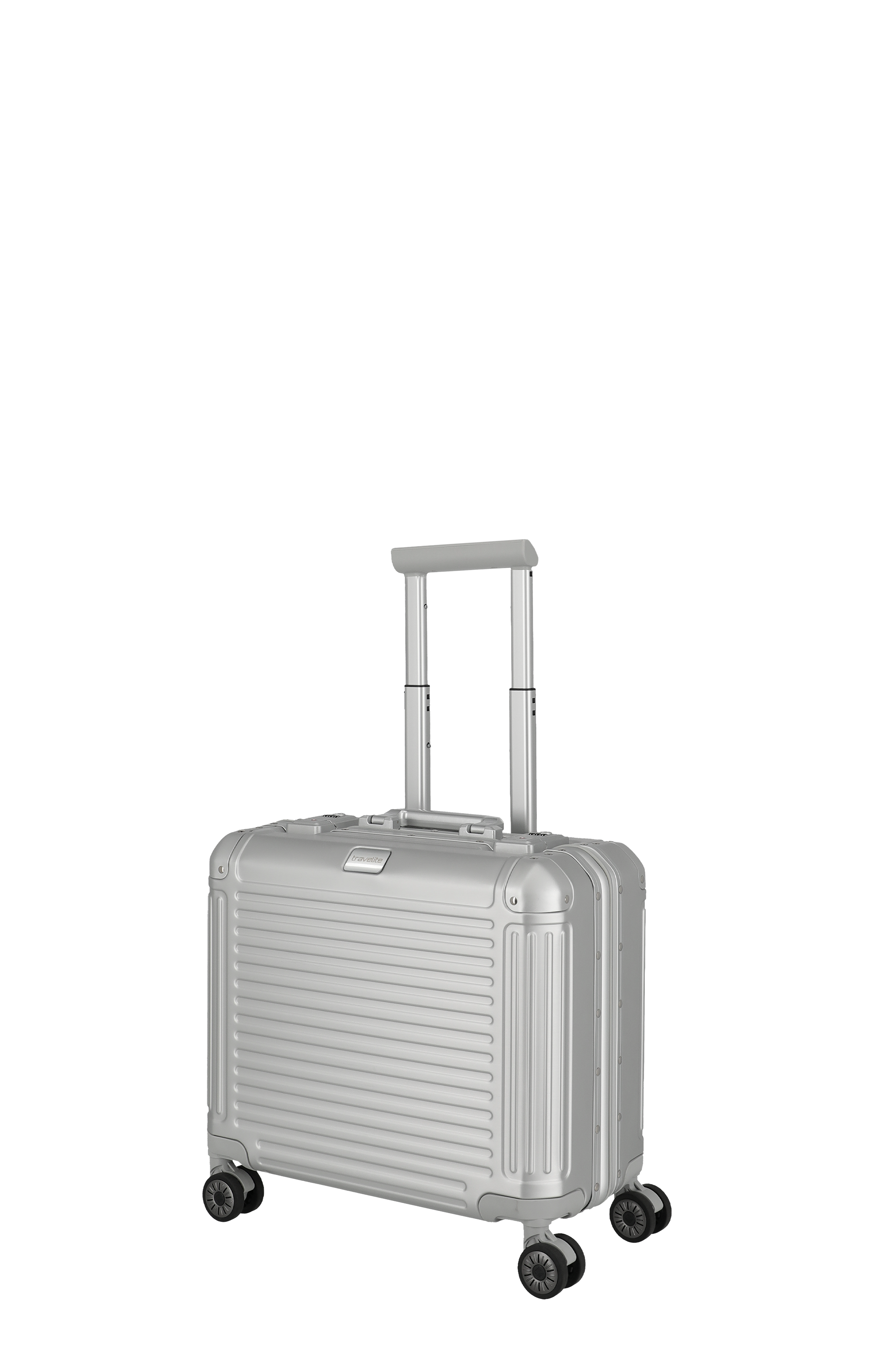 Robuster silberner Hartschalen-Trolley mit vier Rollen und Teleskopgriff für Reisen