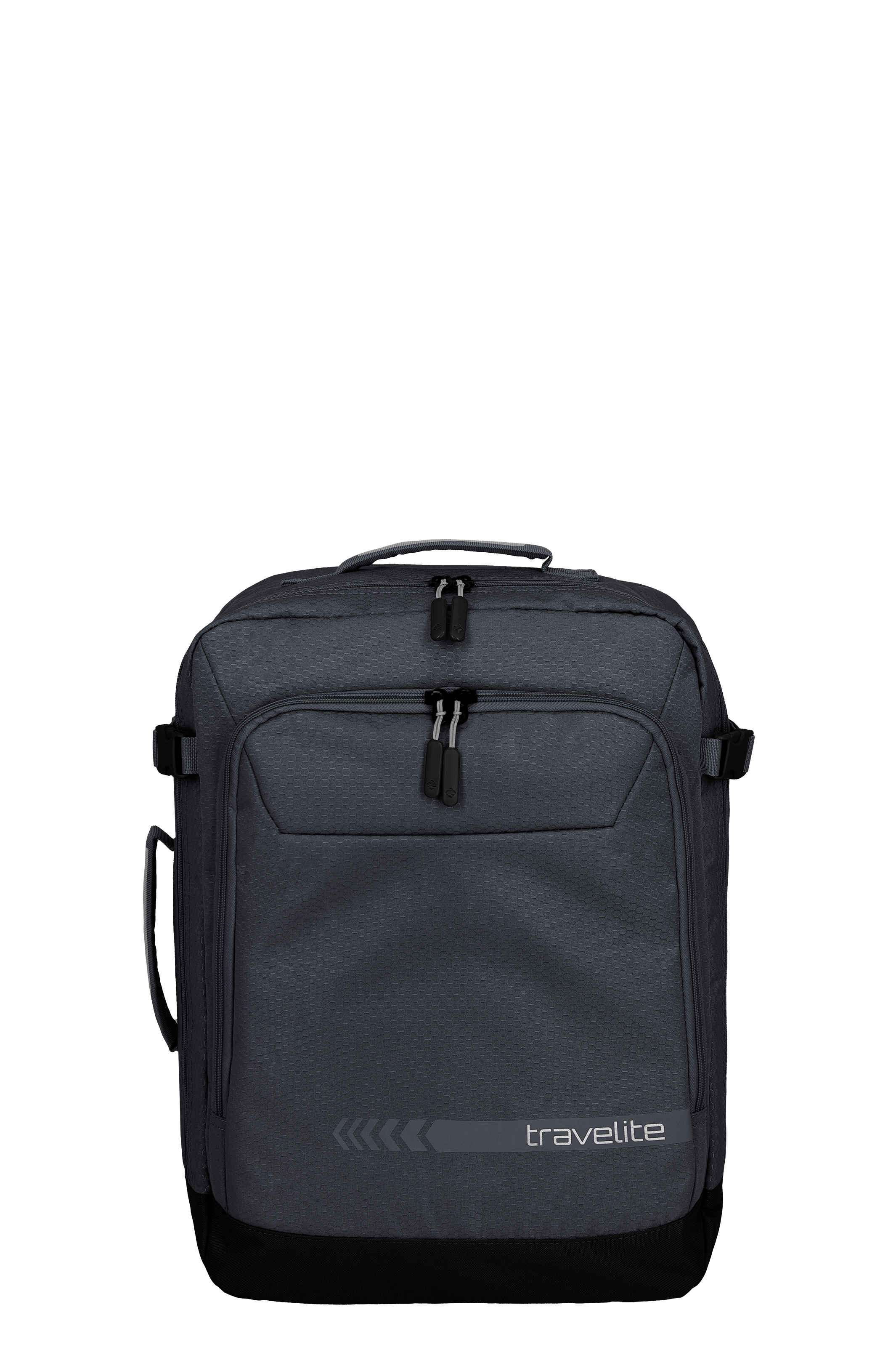 Zaino Multibag grigio TRAVELITE con due scomparti con cerniera. Lo scomparto superiore è più piccolo, quello inferiore è più grande. Lo zaino presenta una striscia nera sul fondo, cinghie sui lati e il logo del marchio.
