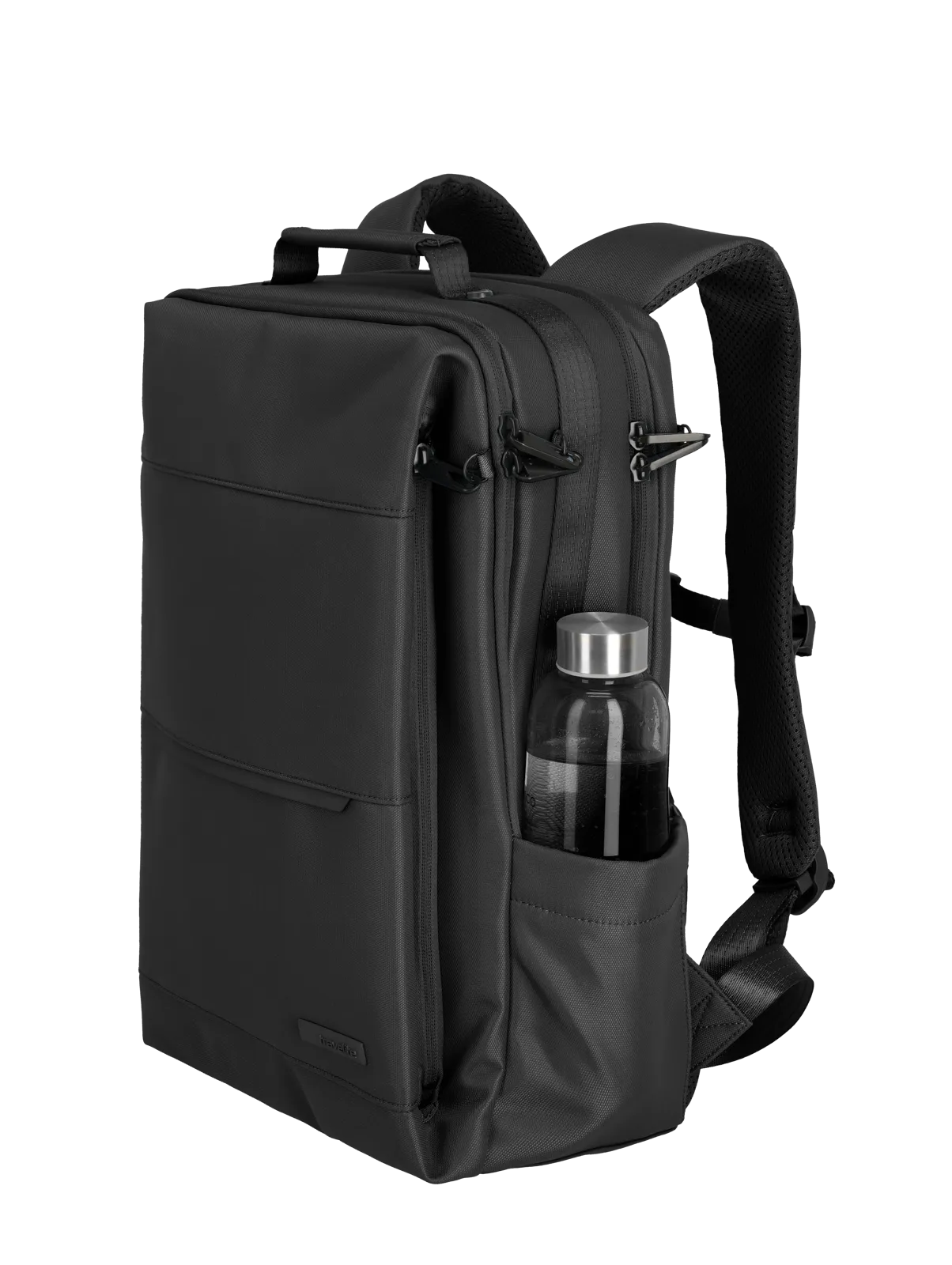 Schwarzer moderner Rucksack mit Flaschenhalter, geeignet für Arbeit, Schule und Freizeit