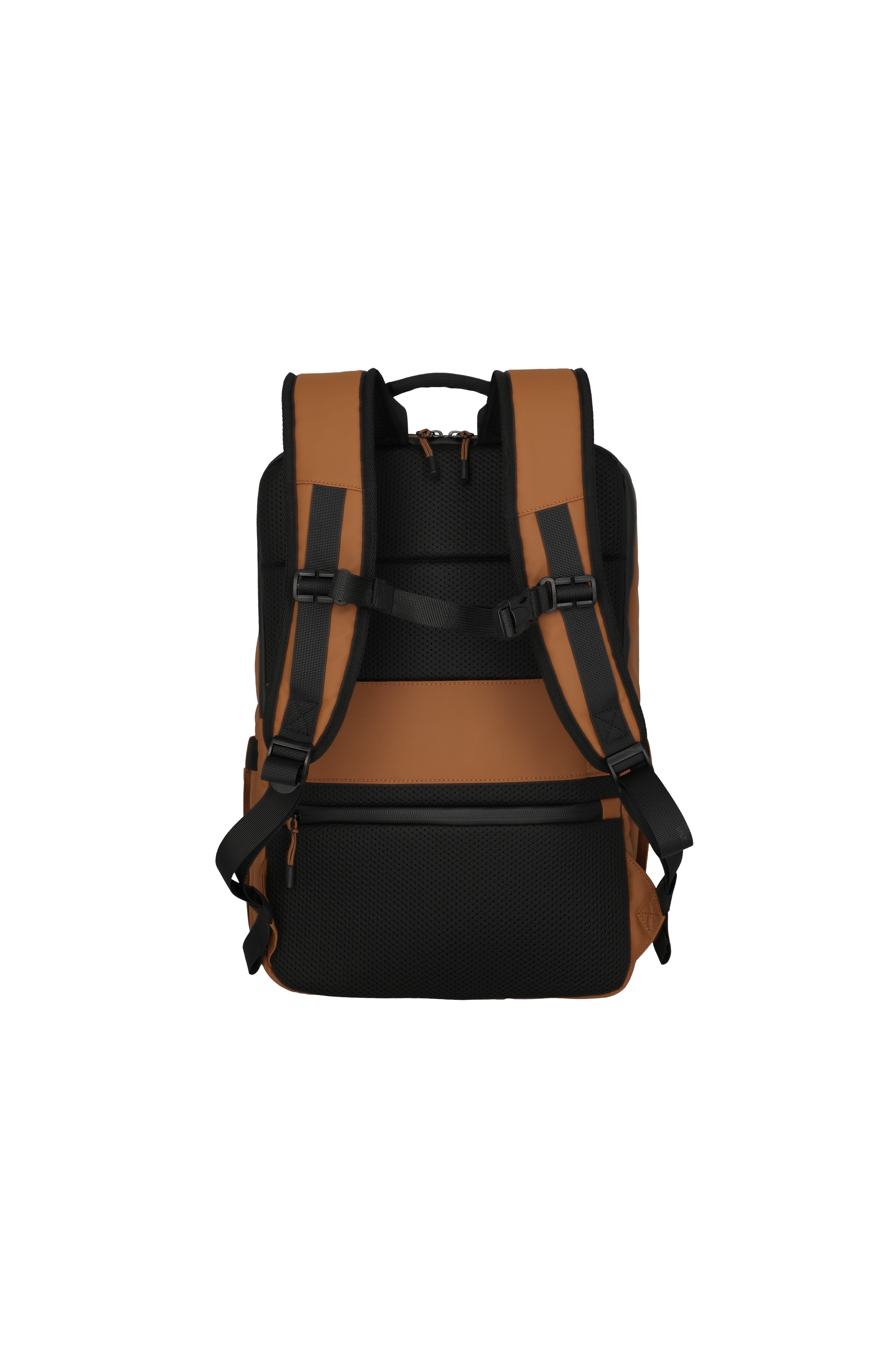 Moderner Rucksack in Braun und Schwarz mit gepolsterten Schultergurten – Rückansicht
