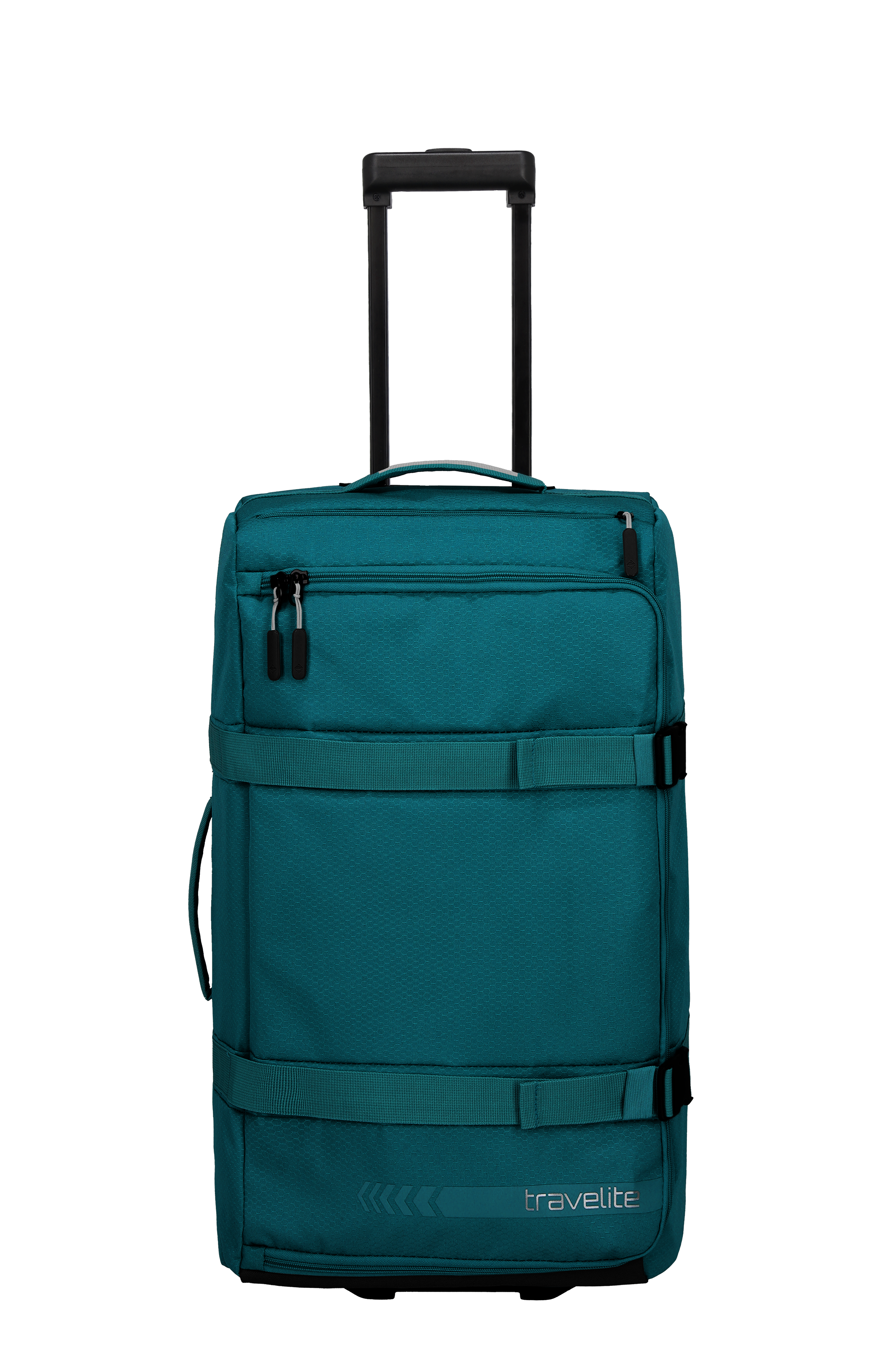 Borsa da viaggio a rotelle turchese taglia L con manico telescopico su sfondo nero. La borsa ha diversi scomparti ed è dotata di cinghie per il fissaggio. Il logo TRAVELITE si trova in basso a destra.