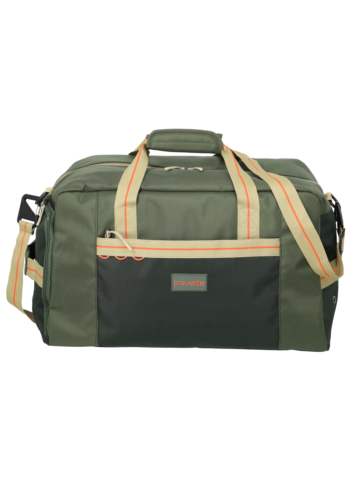 Travelite grüne Reisetasche mit beigen Tragegriffen und Schultergurt, große Sport- und Freizeittasche Große grüne Reisetasche von Travelite mit beigen Tragegriffen, Schultergurt und Außentasche, ideal für Sport und Reisen