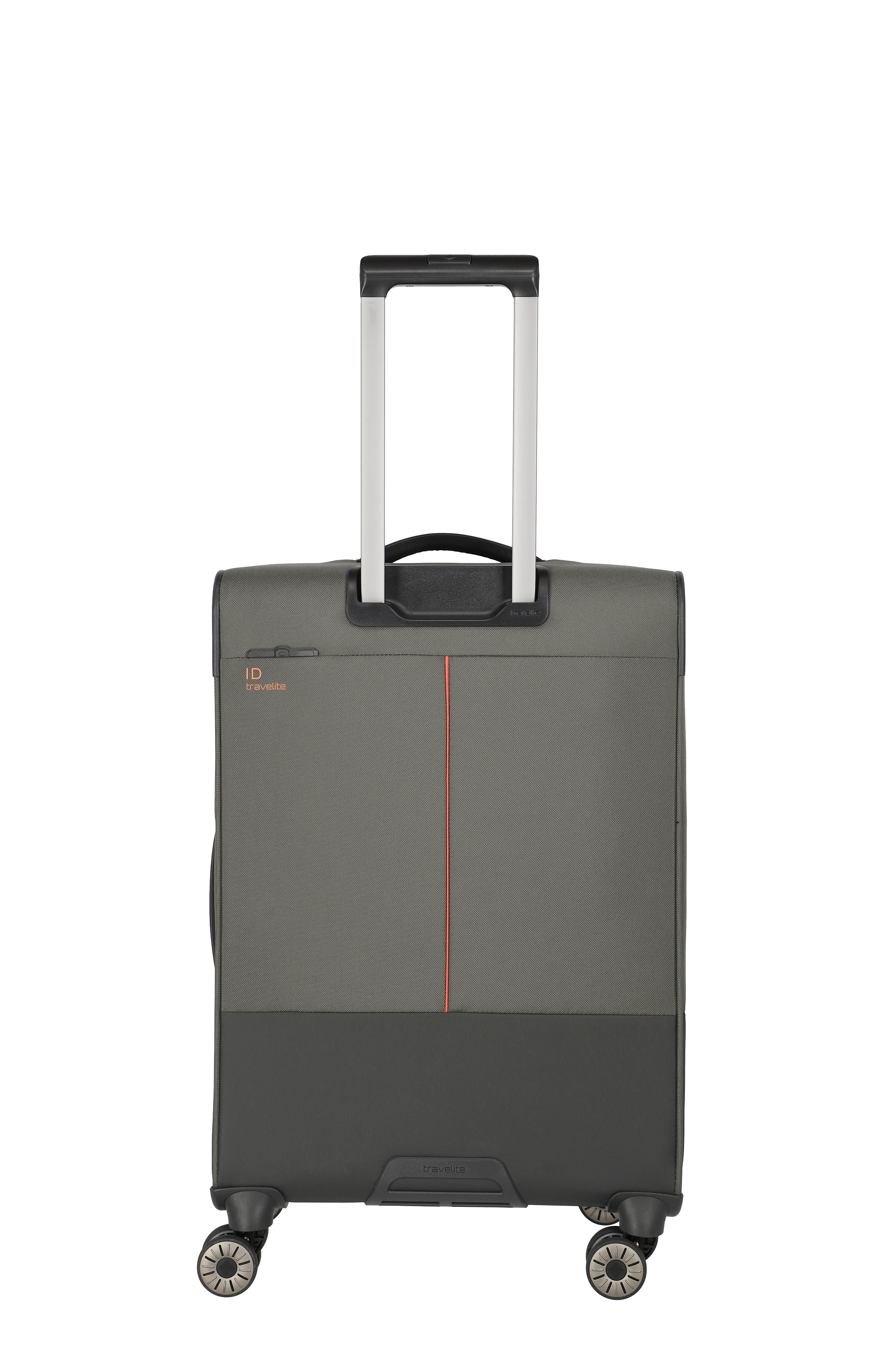 Leichter grauer Trolley Koffer mit vier Rollen und ausziehbarem Griff