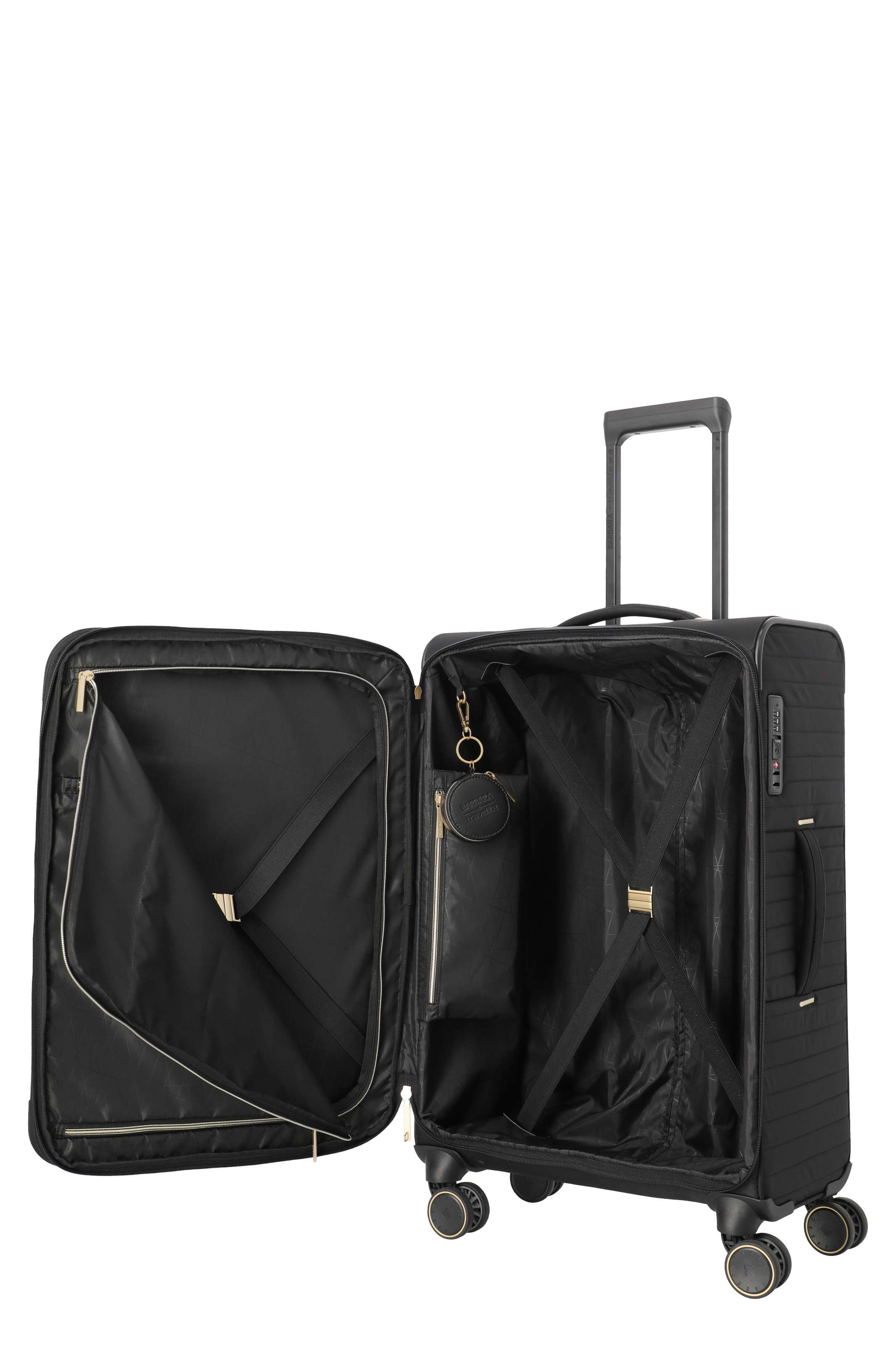 Moderner schwarzer Trolley-Koffer mit geöffnetem Innenraum, vier Rollen und praktischen Fächern