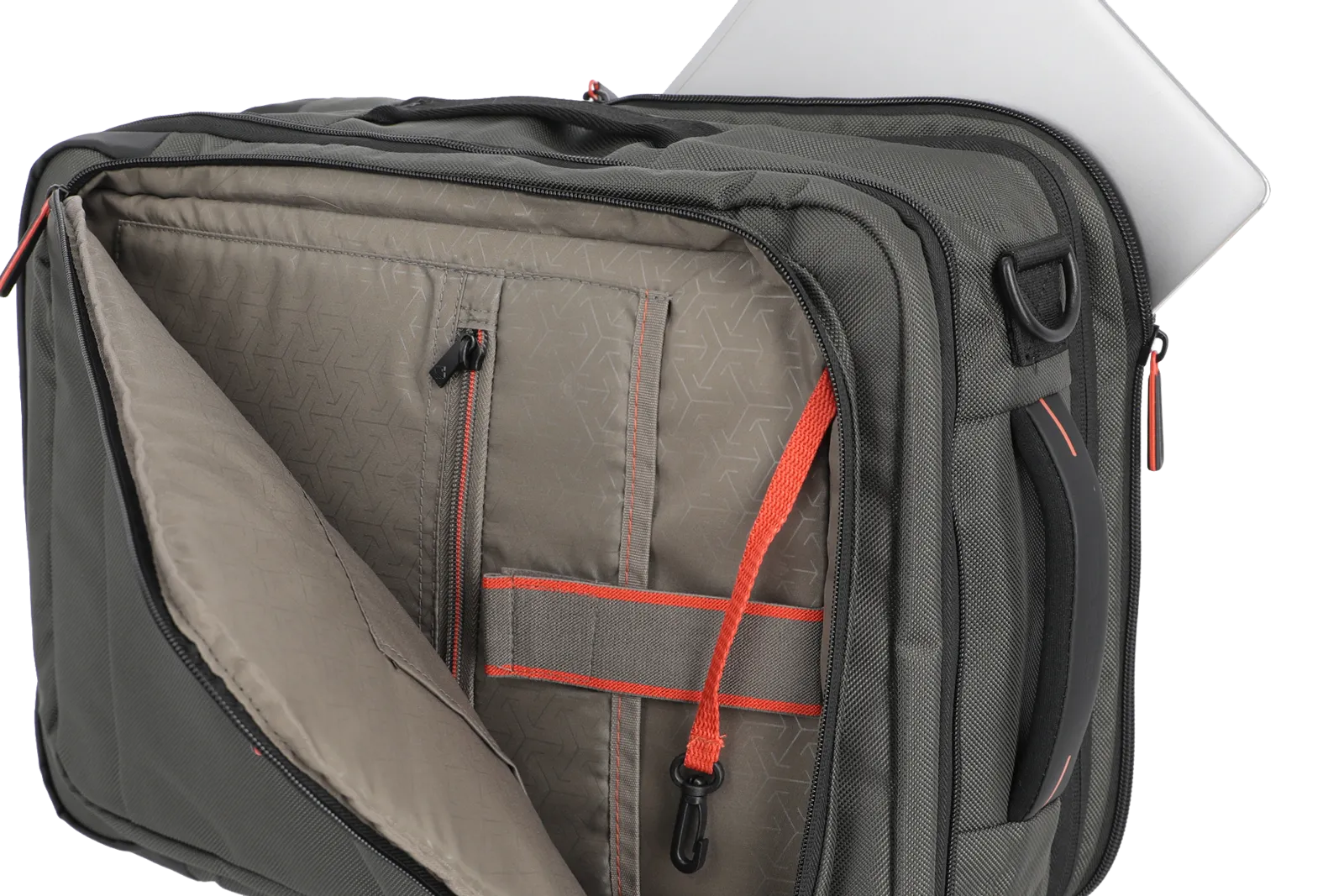 Praktische Laptoptasche mit geräumigem Hauptfach und zusätzlichem Laptopfach Geöffnete Laptoptasche in Grau mit mehreren Fächern, sichtbarem Reißverschluss und herausragendem Laptop