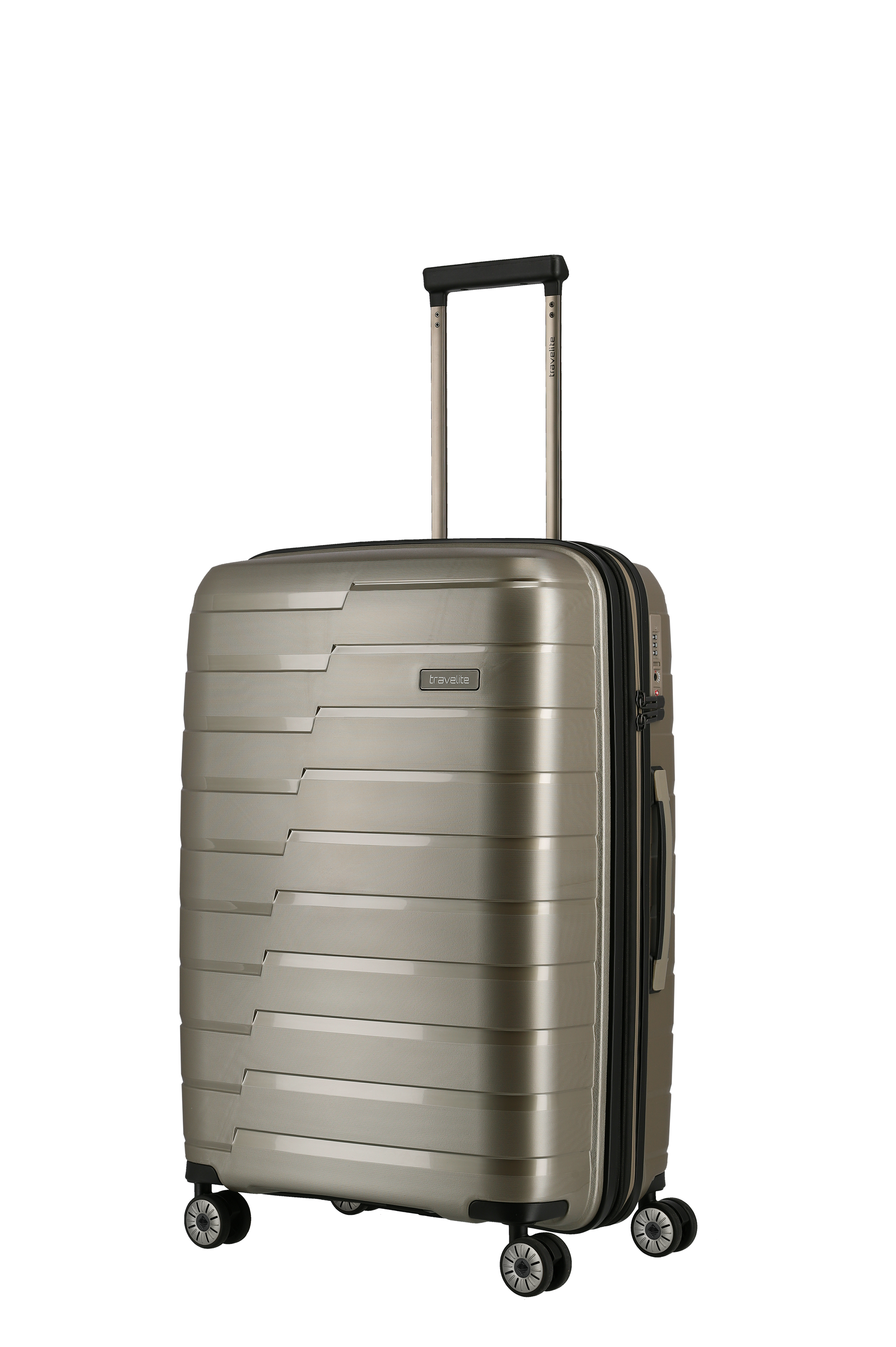 Stabiler Hartschalenkoffer in Silber mit vier Rollen und Teleskopgriff – ideal für Reisen