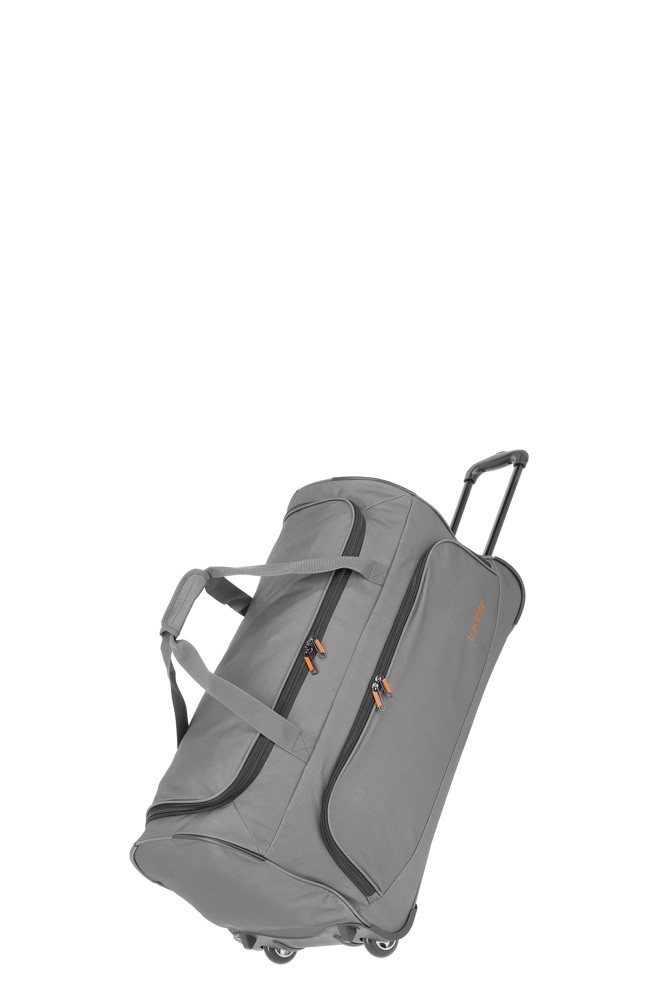 Graue Reisetasche mit mehreren Fächern und orangefarbenen Reißverschlussdetails auf weißem Hintergrund