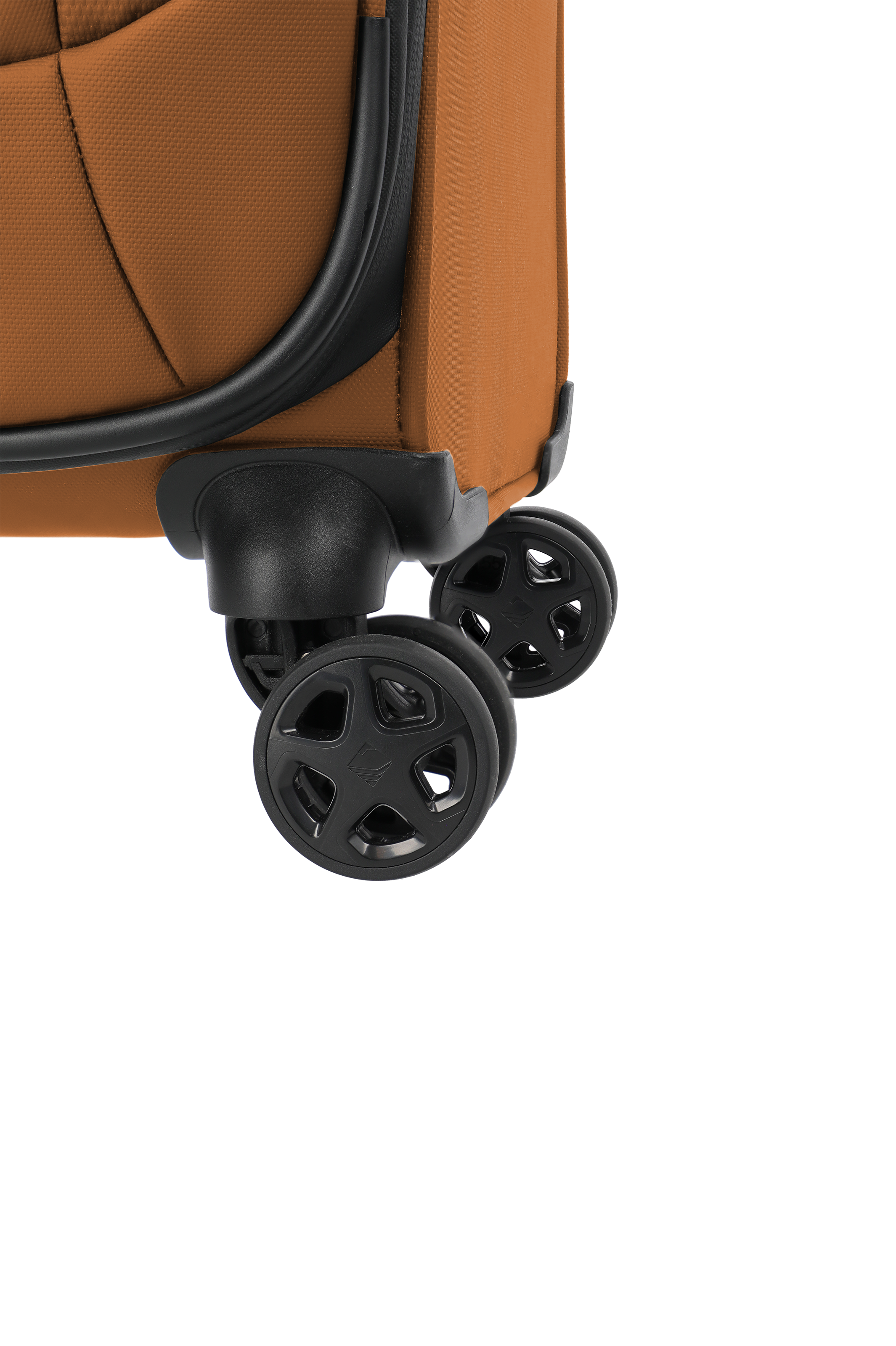 Detailansicht Doppelrollen eines braunen Koffers für komfortables Reisen