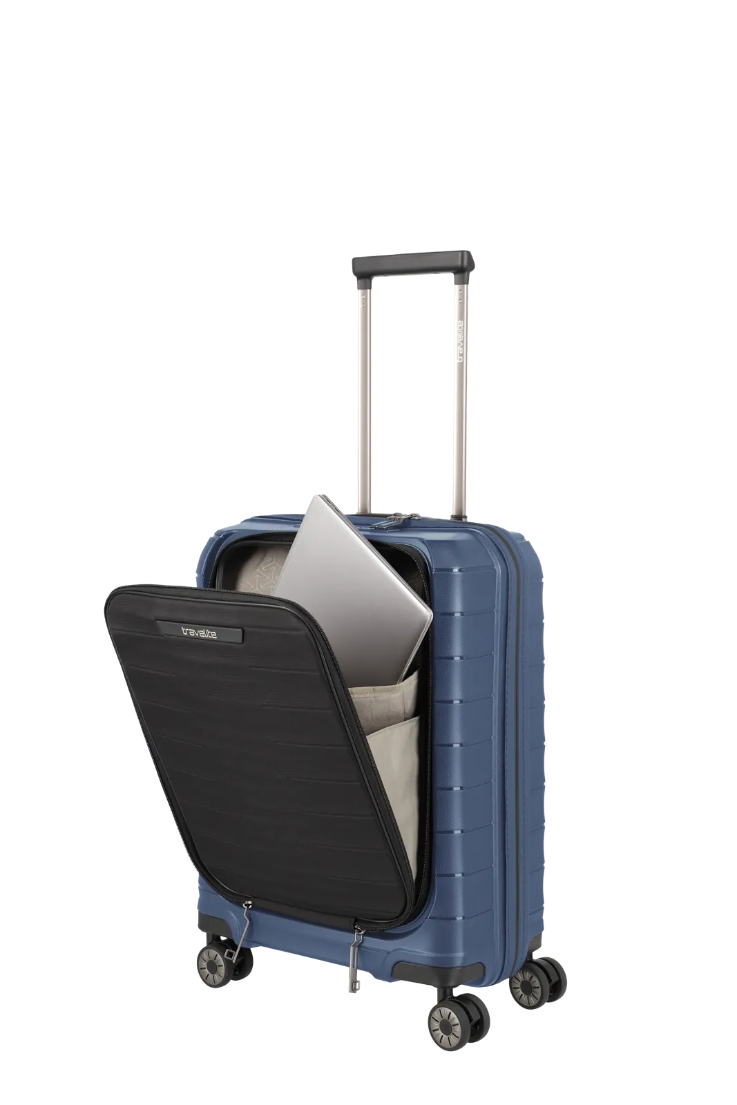 Mooby in Blau Groesse S mit Vortasche Frontansicht schraeg mit offener Vortasche