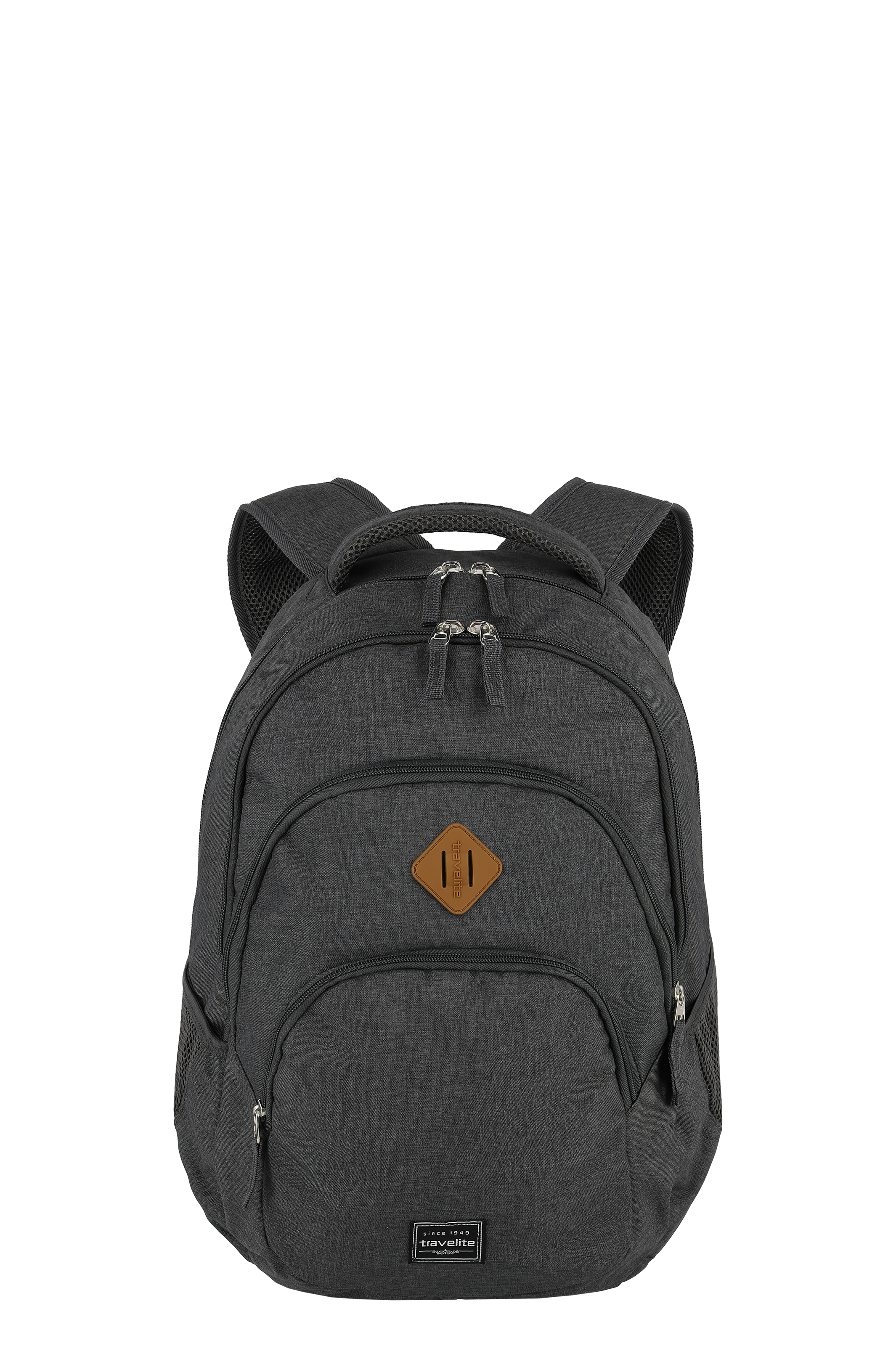 Grey backpack with front pocket, zips and padded straps