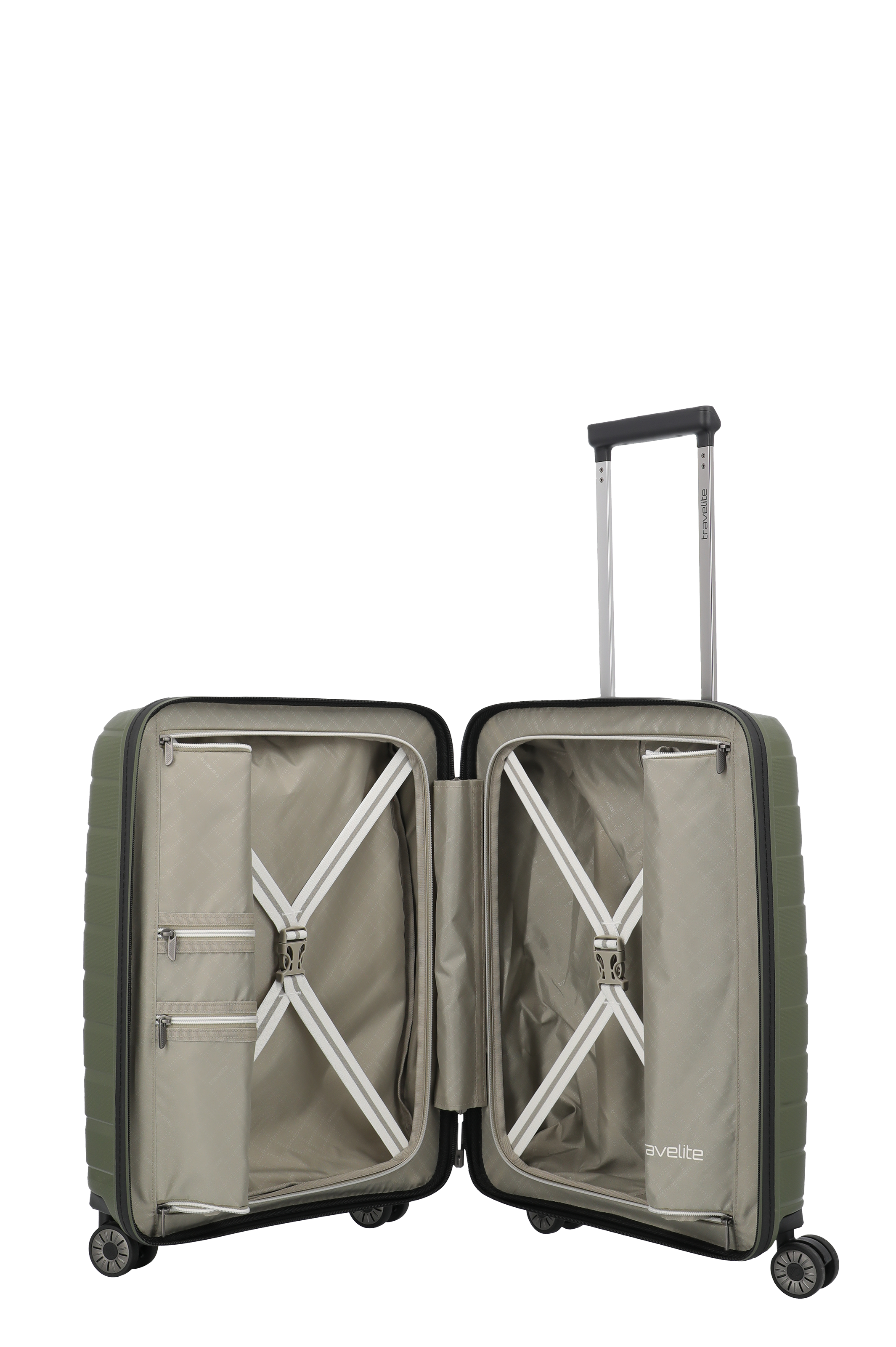 Offener Hartschalenkoffer in Olivgrün mit TSA-Schloss und geräumigem Innenraum