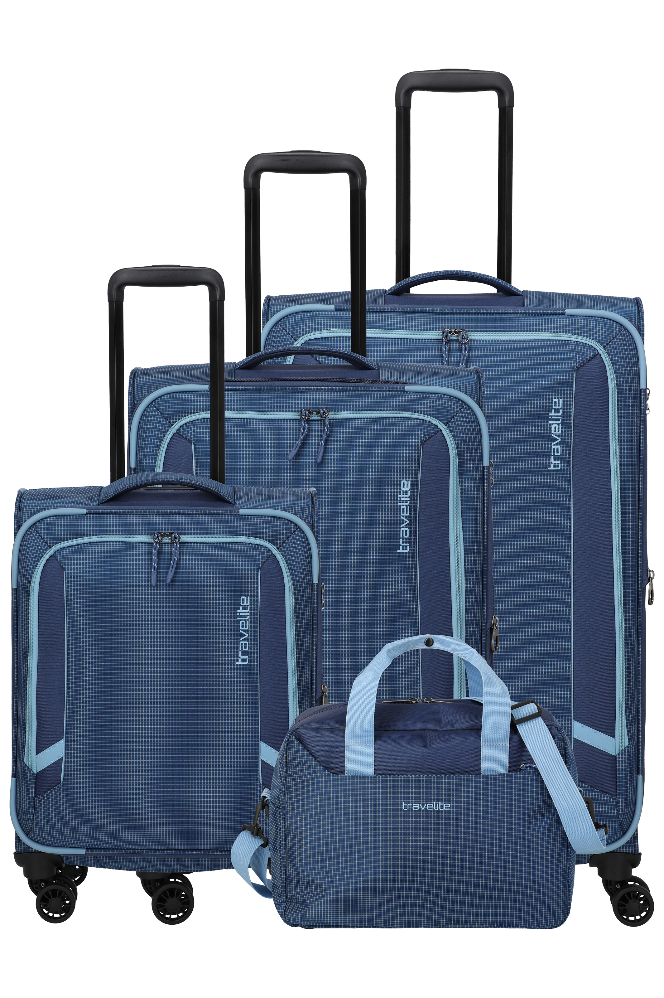 Four pieces of blue Travelite luggage can be seen on a black background: three trolleys with extendable handles and a travel bag with handles and shoulder strap. All pieces of luggage have a blue chequered pattern.