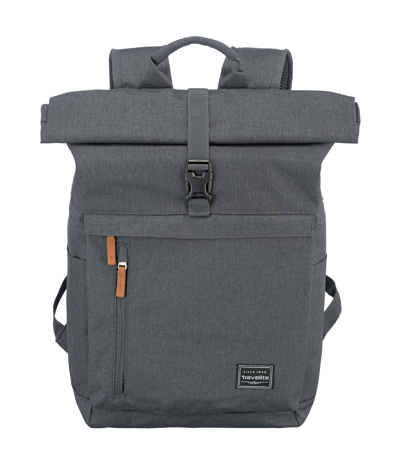 Moderner grauer Rucksack mit Rolltop-Verschluss Grauer Rucksack mit Rolltop, Vordertasche und Tragegriffen
