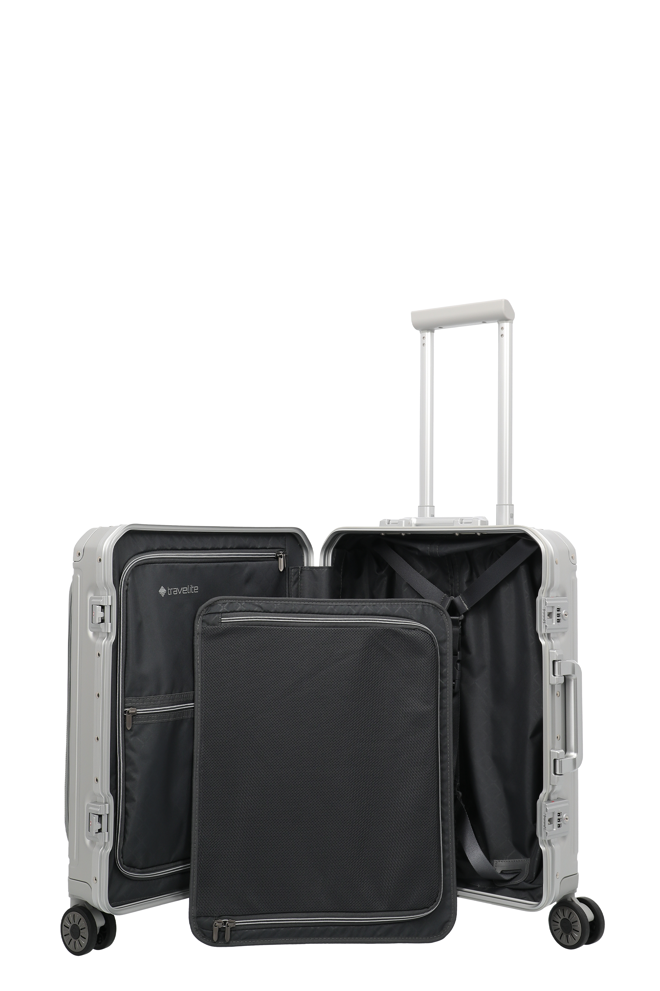 Hochwertiger, silberner Hartschalenkoffer von Travelite mit offener Front, Innenfächern und herausnehmbarer Trennwand