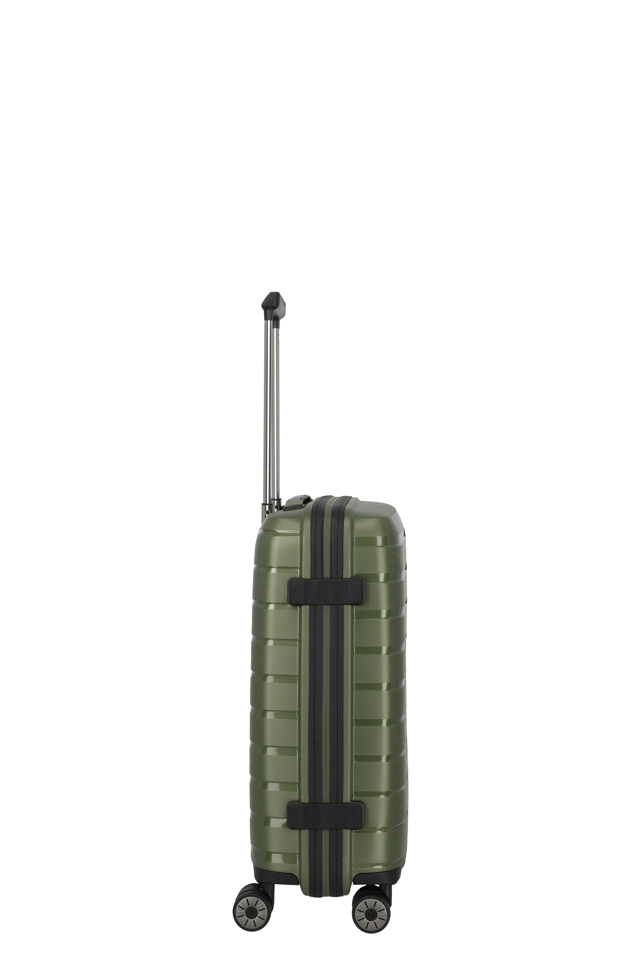 Grüner Hartschalen-Trolley mit Teleskopgriff, Seitenansicht, moderner Reisekoffer