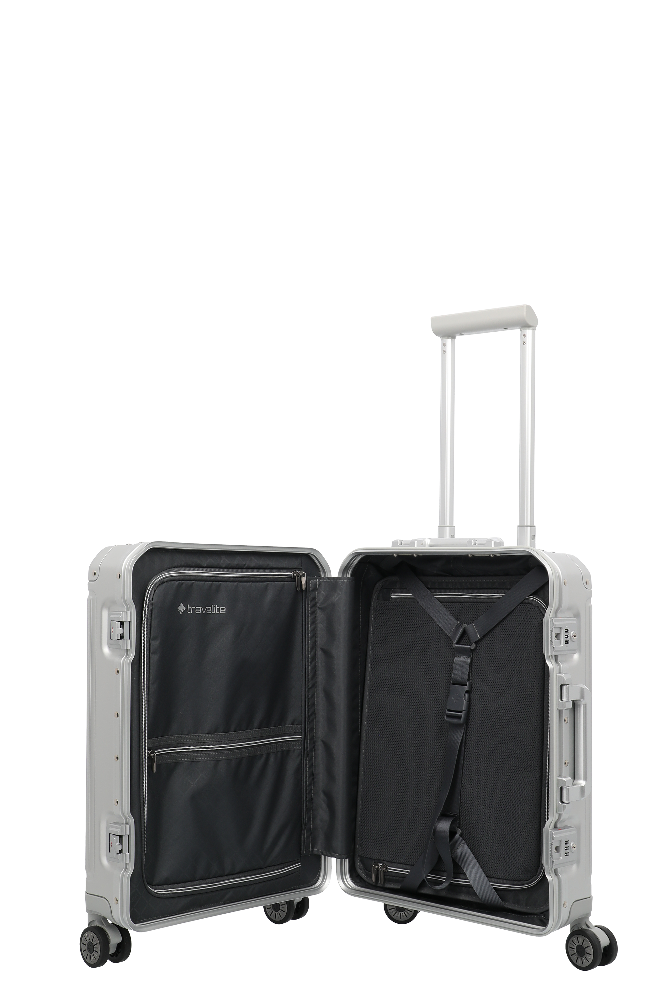 Travelite Hartschalenkoffer silber, geöffnet mit Innenfächern und Kreuzspanngurt, 4 Rollen, Teleskopgriff