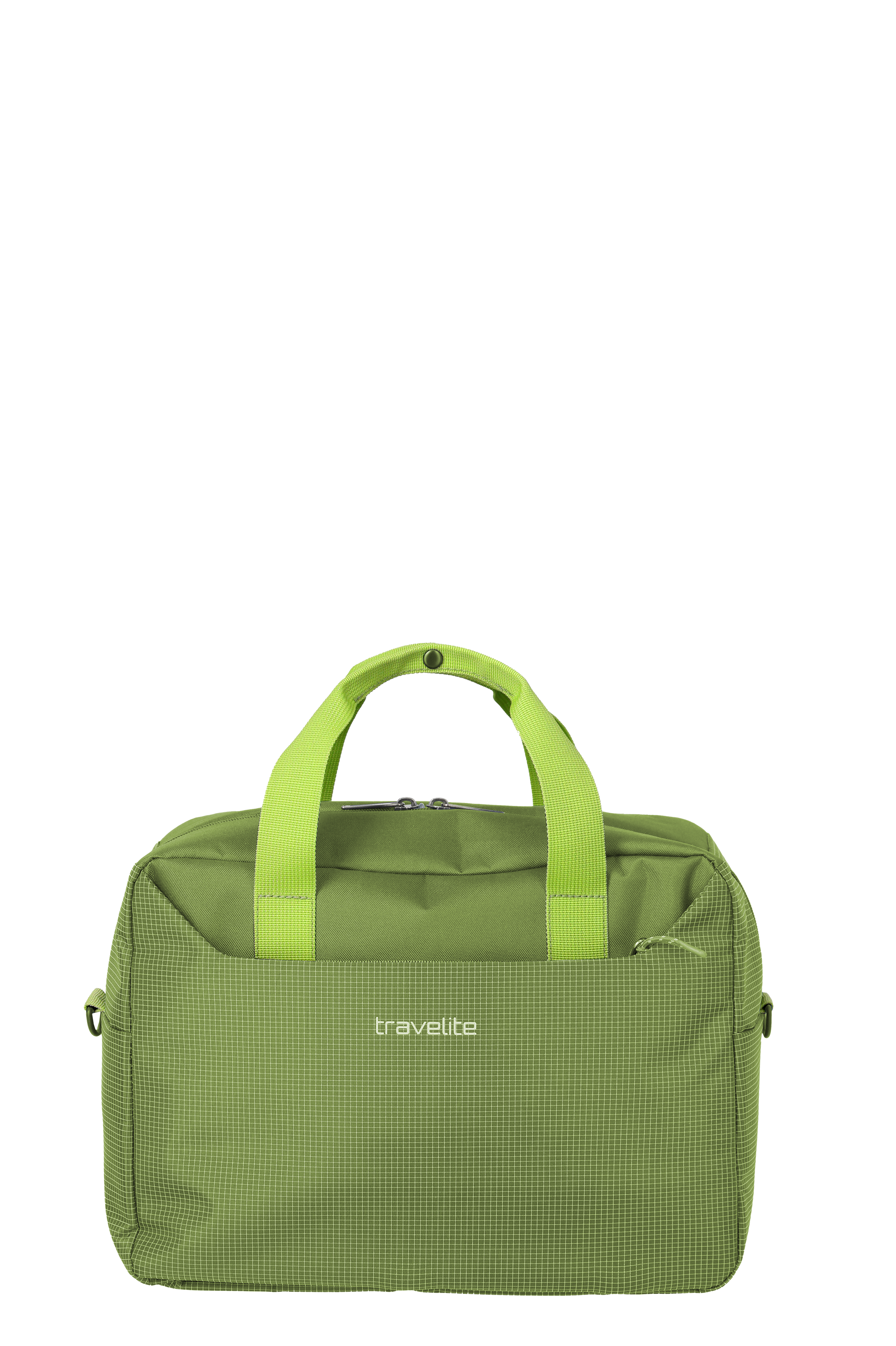 Eine olivgrüne Reisetasche von Travelite mit hellgrünen Tragegriffen und einem feinen, weißen Karomuster auf dem unteren Teil ist frontal vor einem schwarzen Hintergrund abgebildet. Ein Reißverschluss und eine kleine Außentasche sind ebenfalls zu sehen.