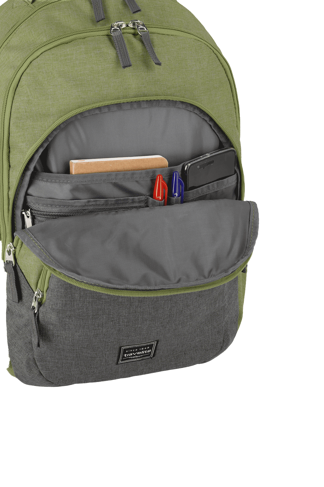 Grüner Rucksack mit Staufächern für Schreibutensilien