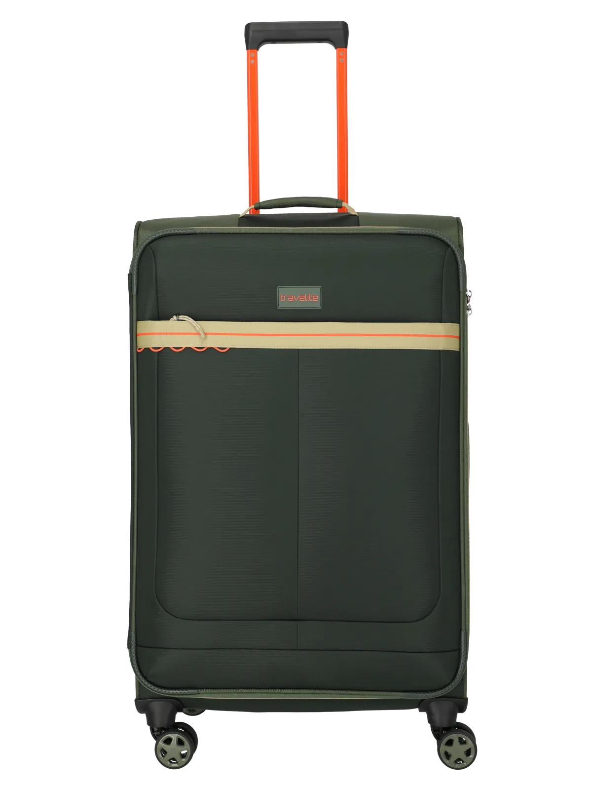 Großer grüner Trolley-Koffer mit Rollen und Teleskopgriff von Travelite Abgebildet ist ein großer grüner Koffer mit vier Rollen, Teleskopgriff und beige-orangenen Akzenten, geeignet für Flugreisen.