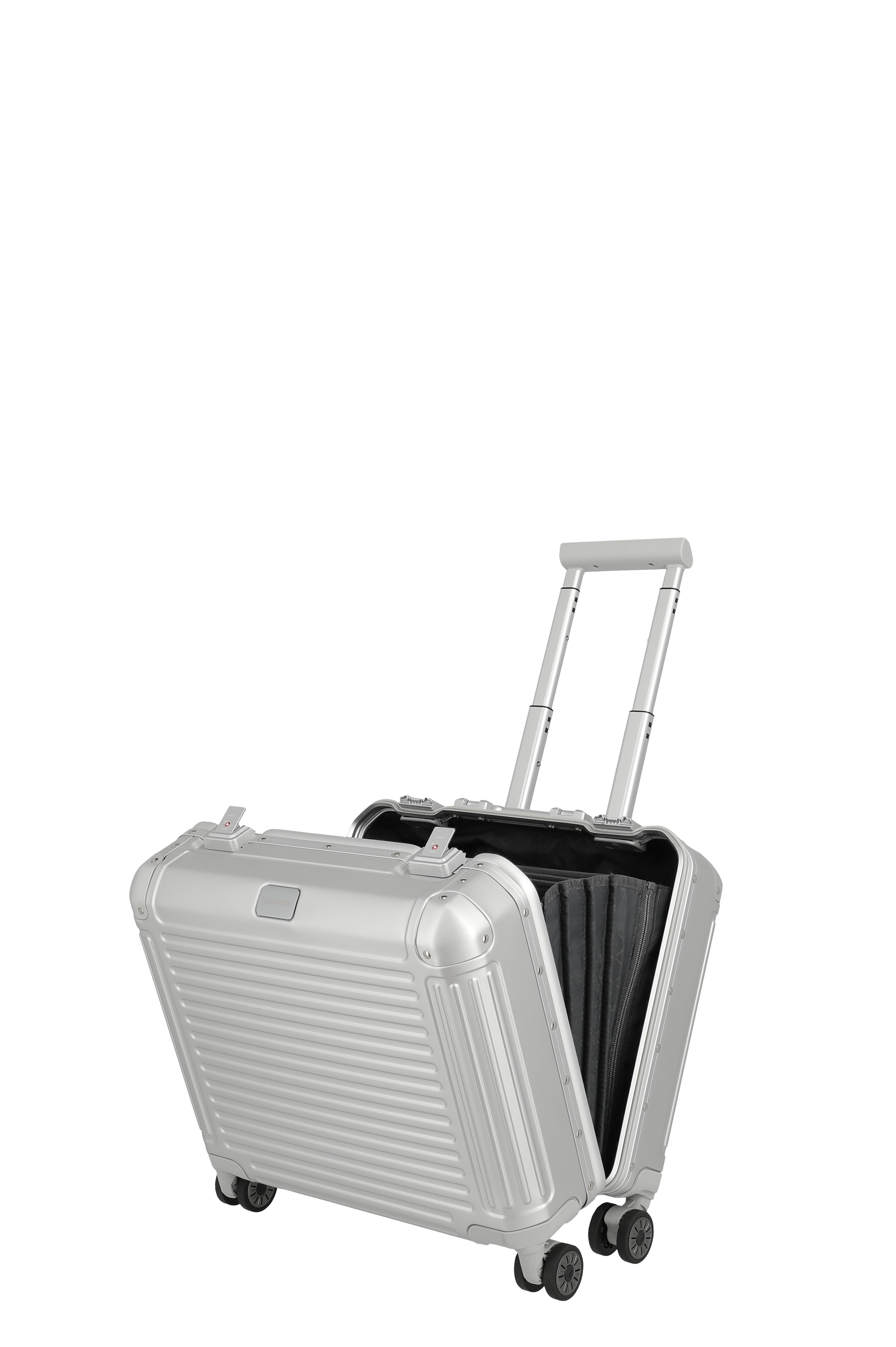 Hochwertiger silberner Trolleykoffer aus Aluminium mit geöffnetem Deckel und ausziehbarem Griff