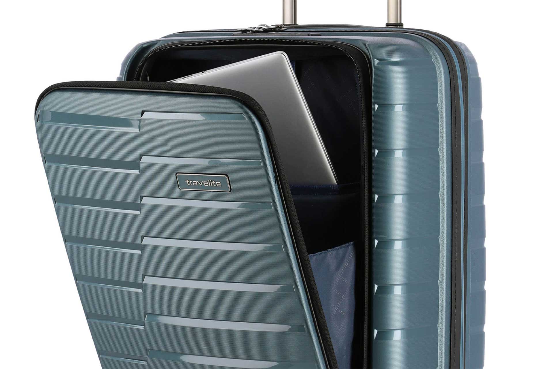 travelite AirBase Koffer Nahaufnahme mit geöffneter Vortasche in blau Größe S+