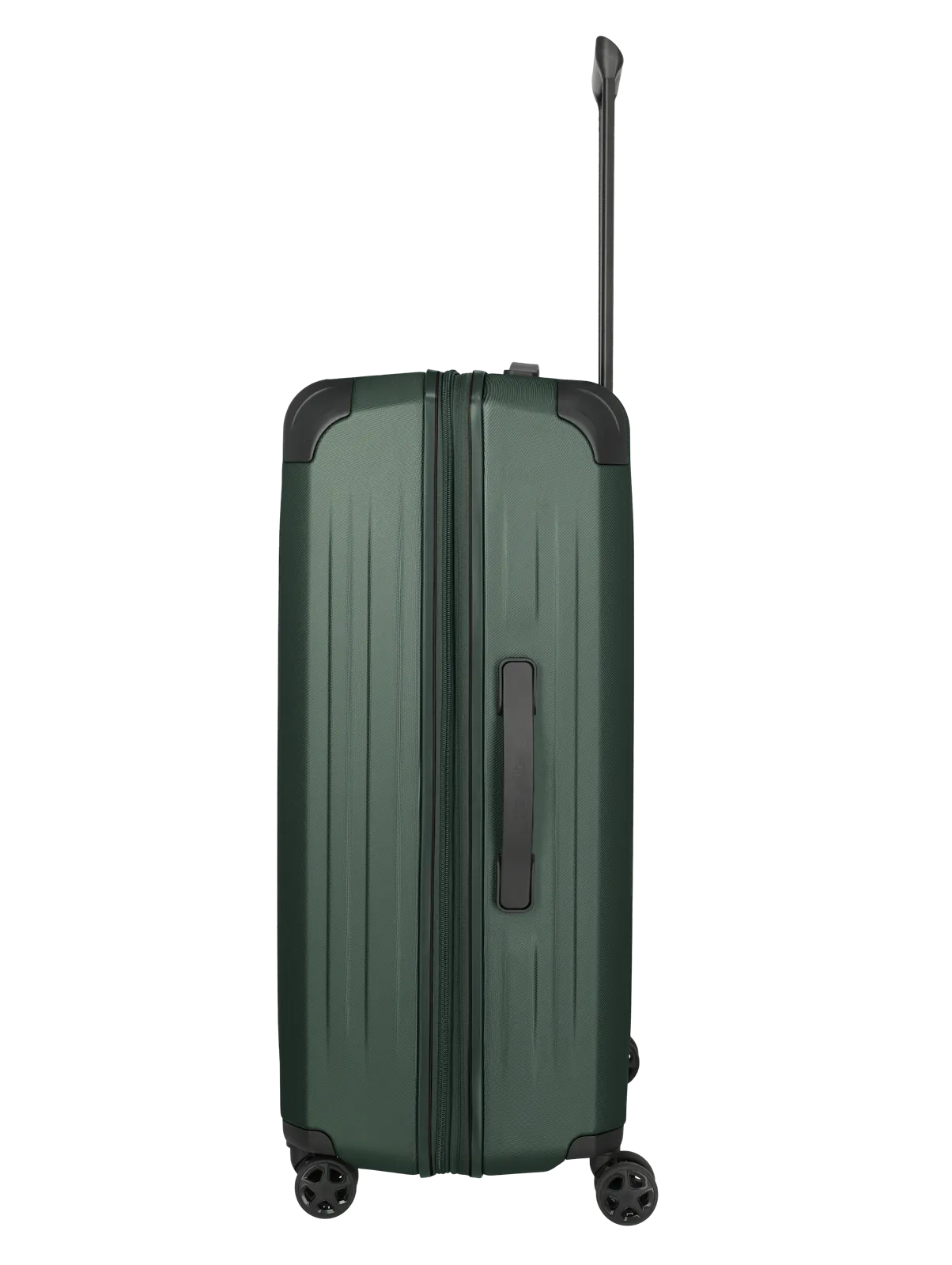 Stabiler Hartschalenkoffer in Dunkelgrün mit Griff und vier Rollen – Seitenansicht