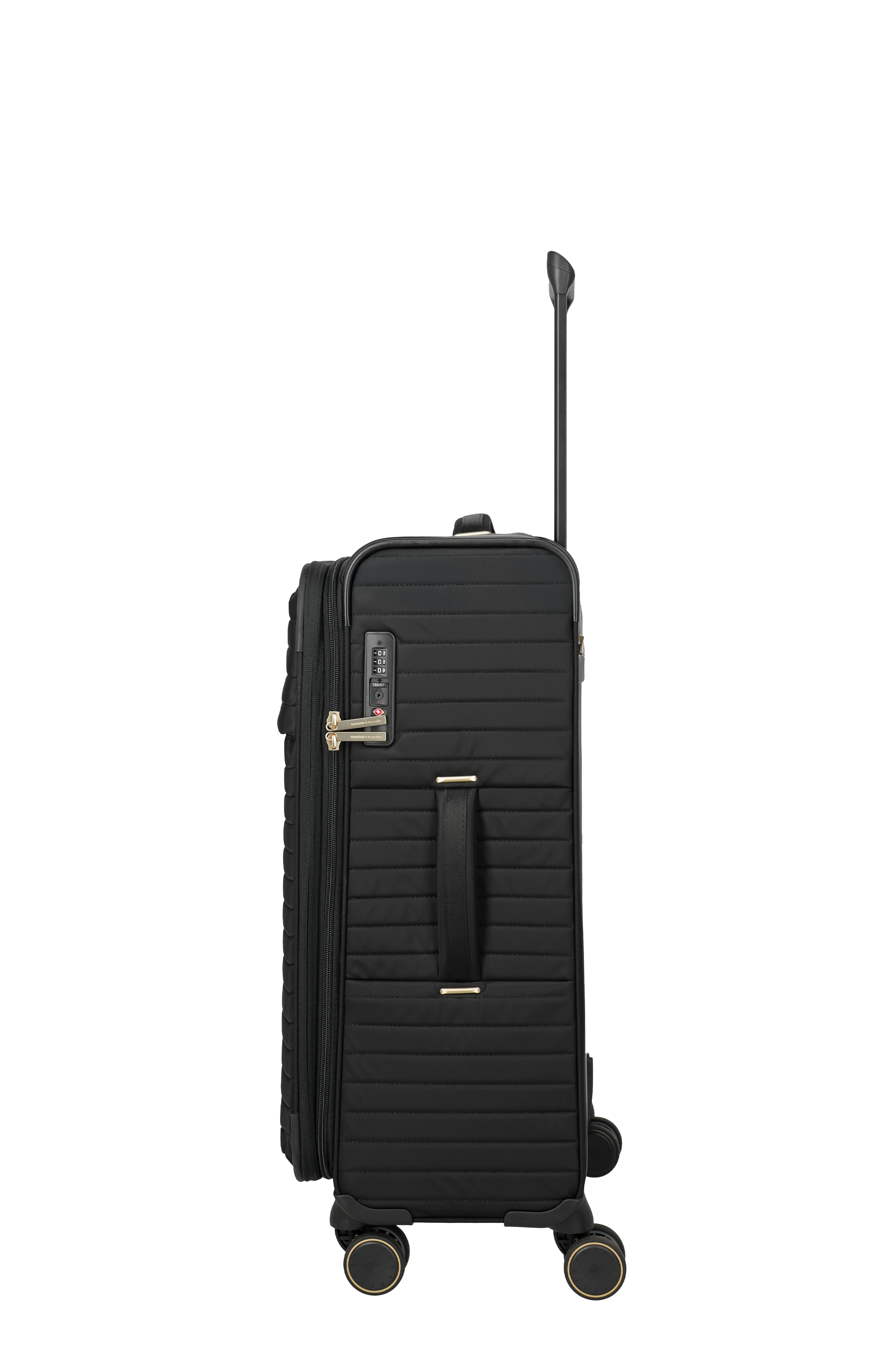 Schwarzer Kabinen-Trolley mit vier Rollen und Zahlenschloss, Seitenansicht