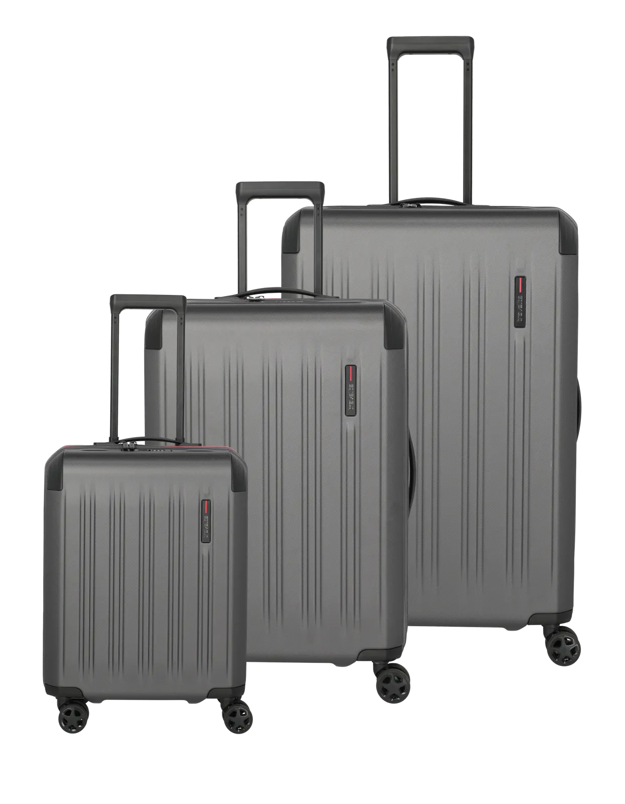 Hochwertiges Kofferset aus robustem Hartschalenmaterial in Grau, bestehend aus drei verschiedenen Größen mit 4 Rollen Dreiteiliges Kofferset aus grauem Hartschalenmaterial mit Teleskopgriffen und vier Rollen, ideal für Reisen