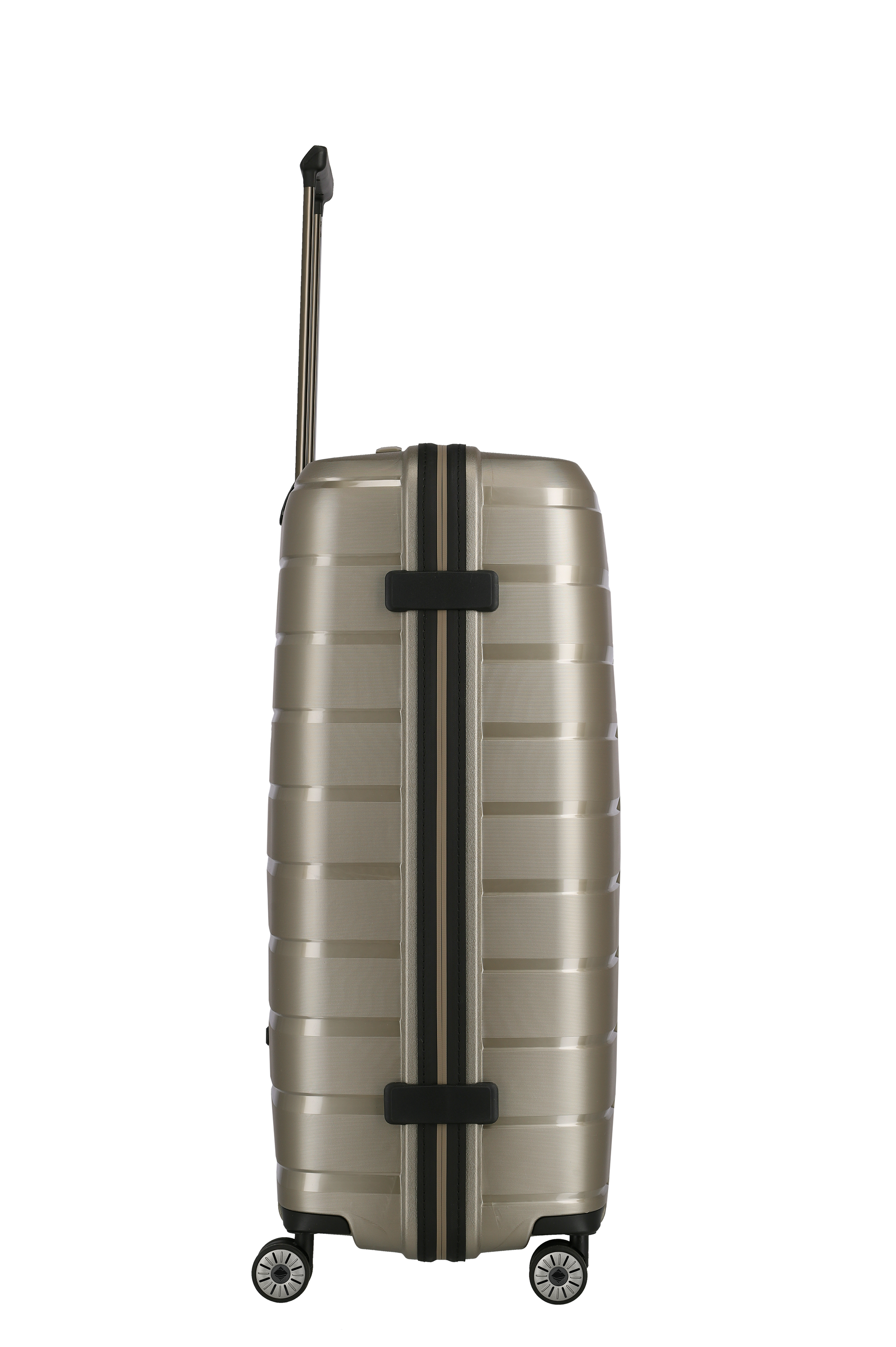 Moderner Hartschalenkoffer mit vier Rollen in Champagnerfarbe, Seitenansicht