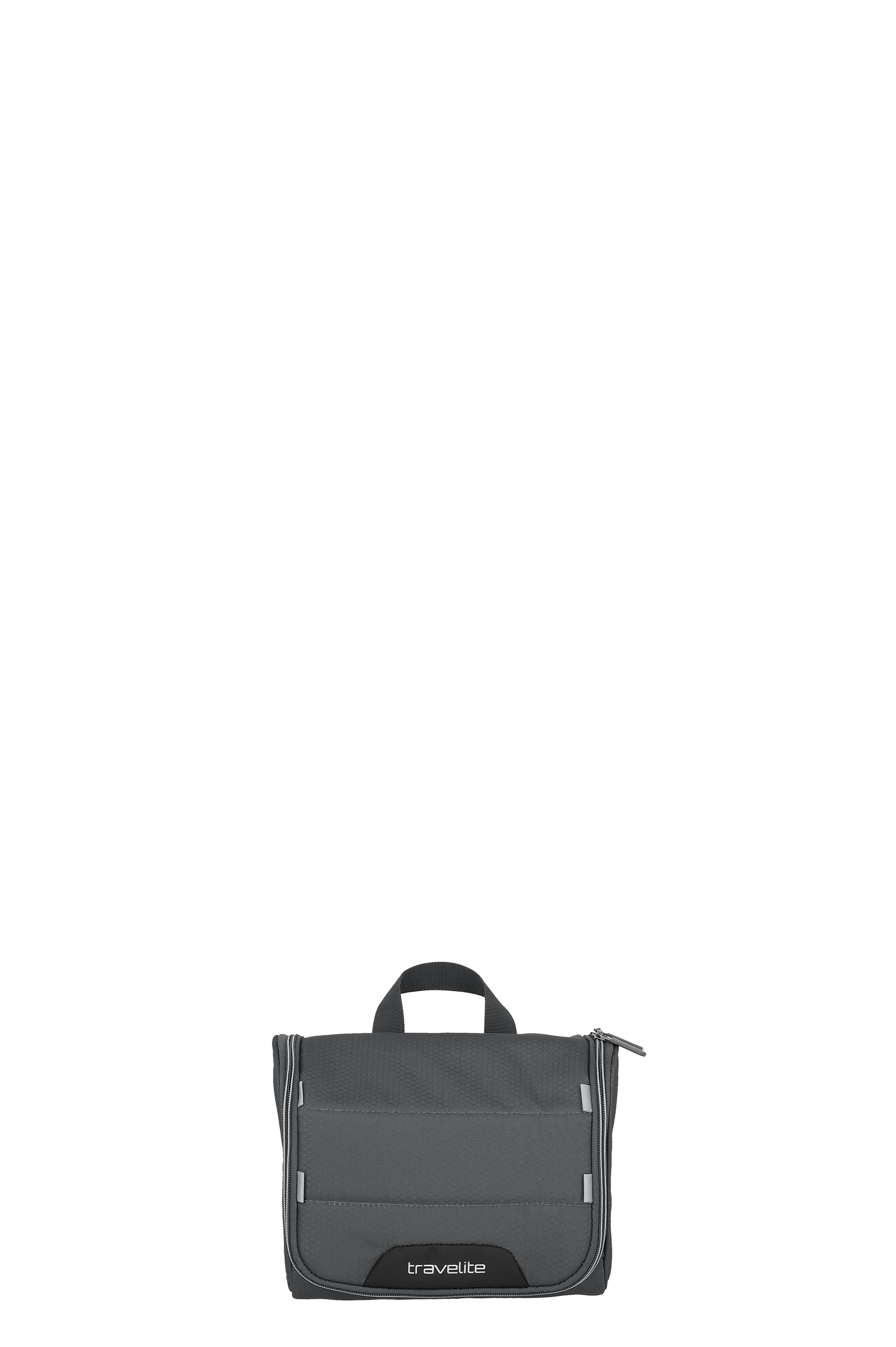 Graue Travelite Kulturtasche mit Tragegriff, ideal als Waschtasche für unterwegs