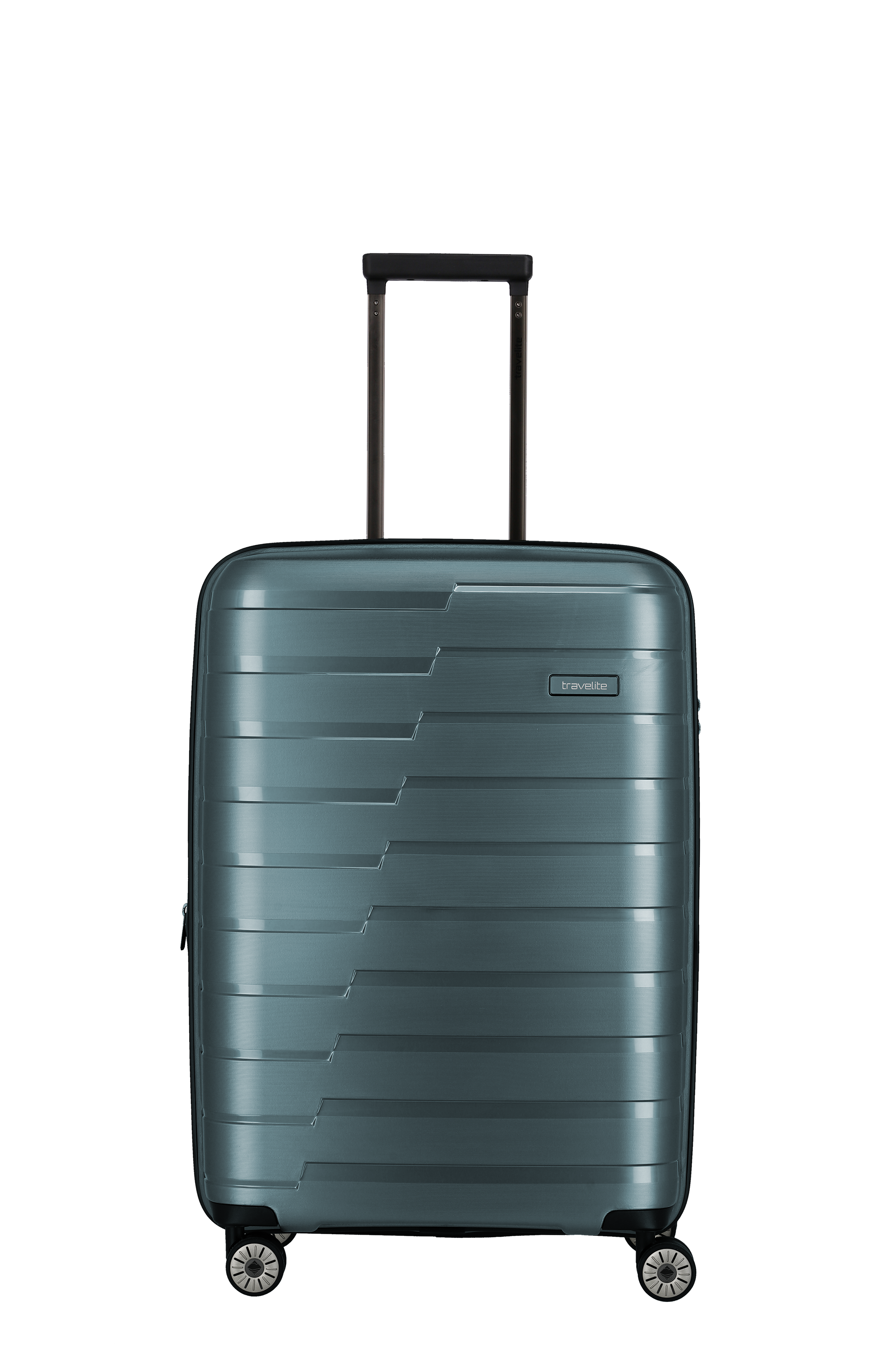 Travelite Hartschalenkoffer in Blaugrün mit vier Rollen und Teleskopgriff Moderner Travelite Hartschalenkoffer in Blaugrün, mit vier drehbaren Rollen und ausziehbarem Teleskopgriff, frontal abgebildet