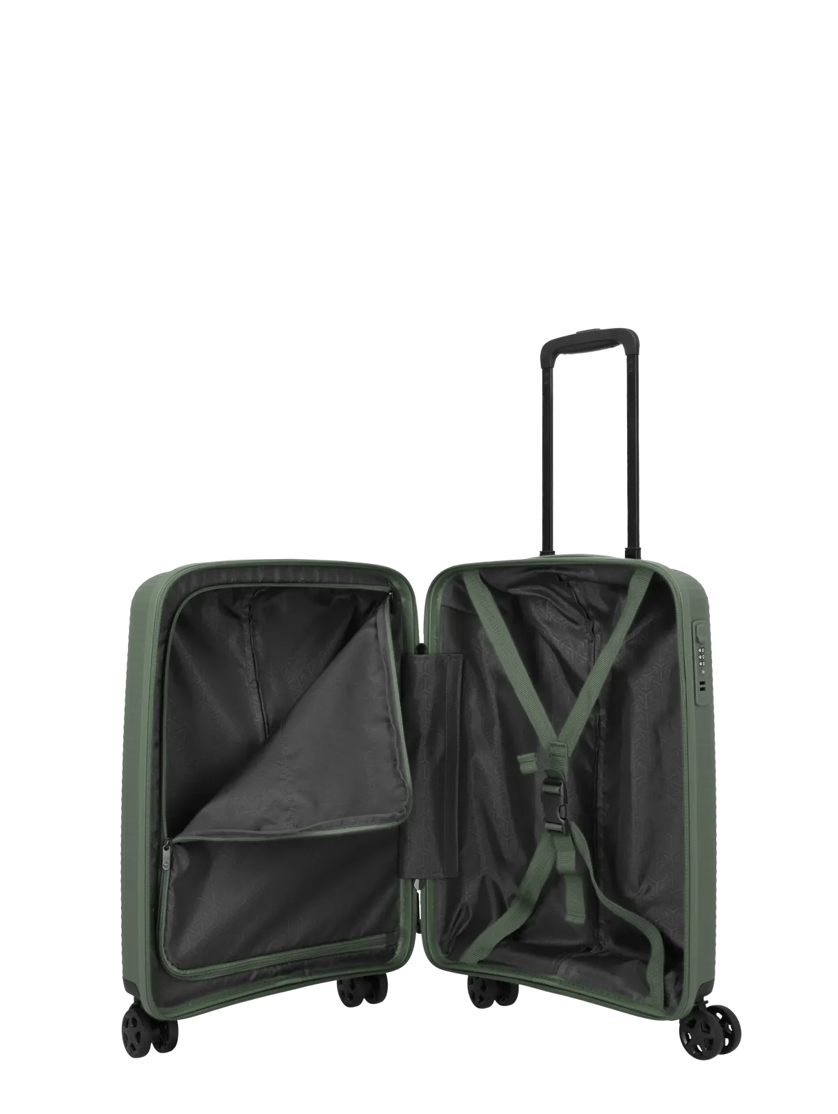 Grüner Hartschalenkoffer mit geöffnetem Innenraum und Teleskopgriff