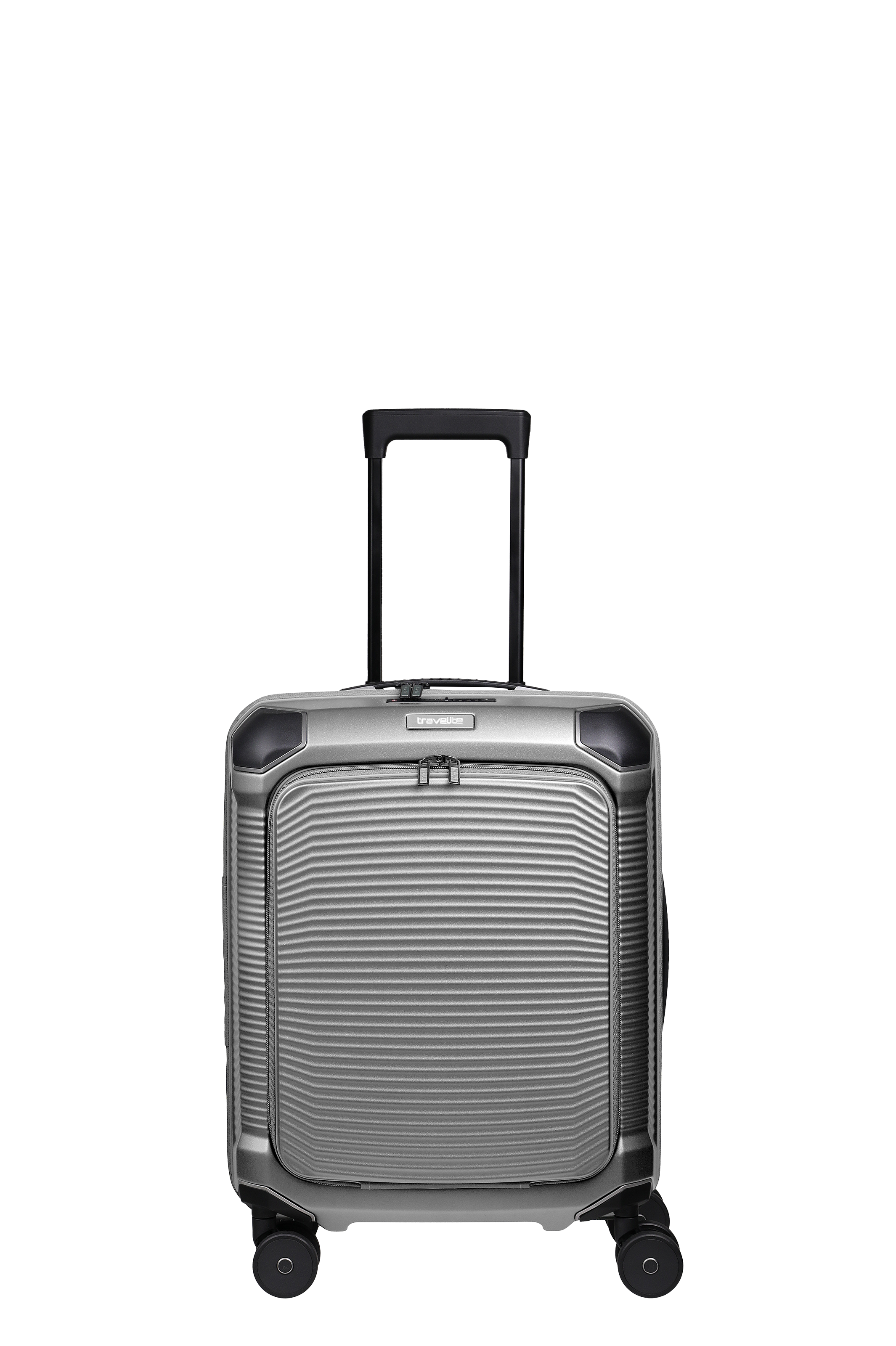 Silberner TRAVELITE Trolley S+ mit Teleskopgriff und vier Rollen. Die Oberfläche des Koffers ist geriffelt. Der Hintergrund ist schwarz.