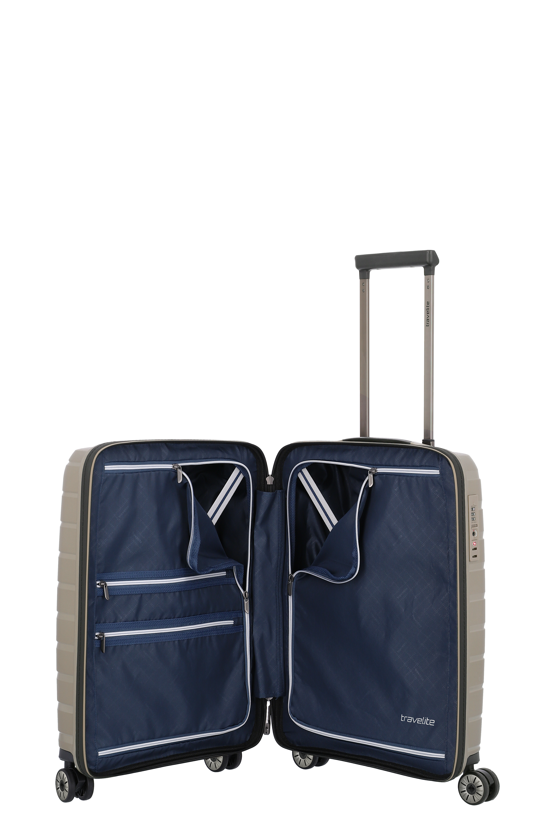 Geöffneter Hartschalenkoffer mit Teleskopgriff und mehreren Innenfächern, ideal für Reisen