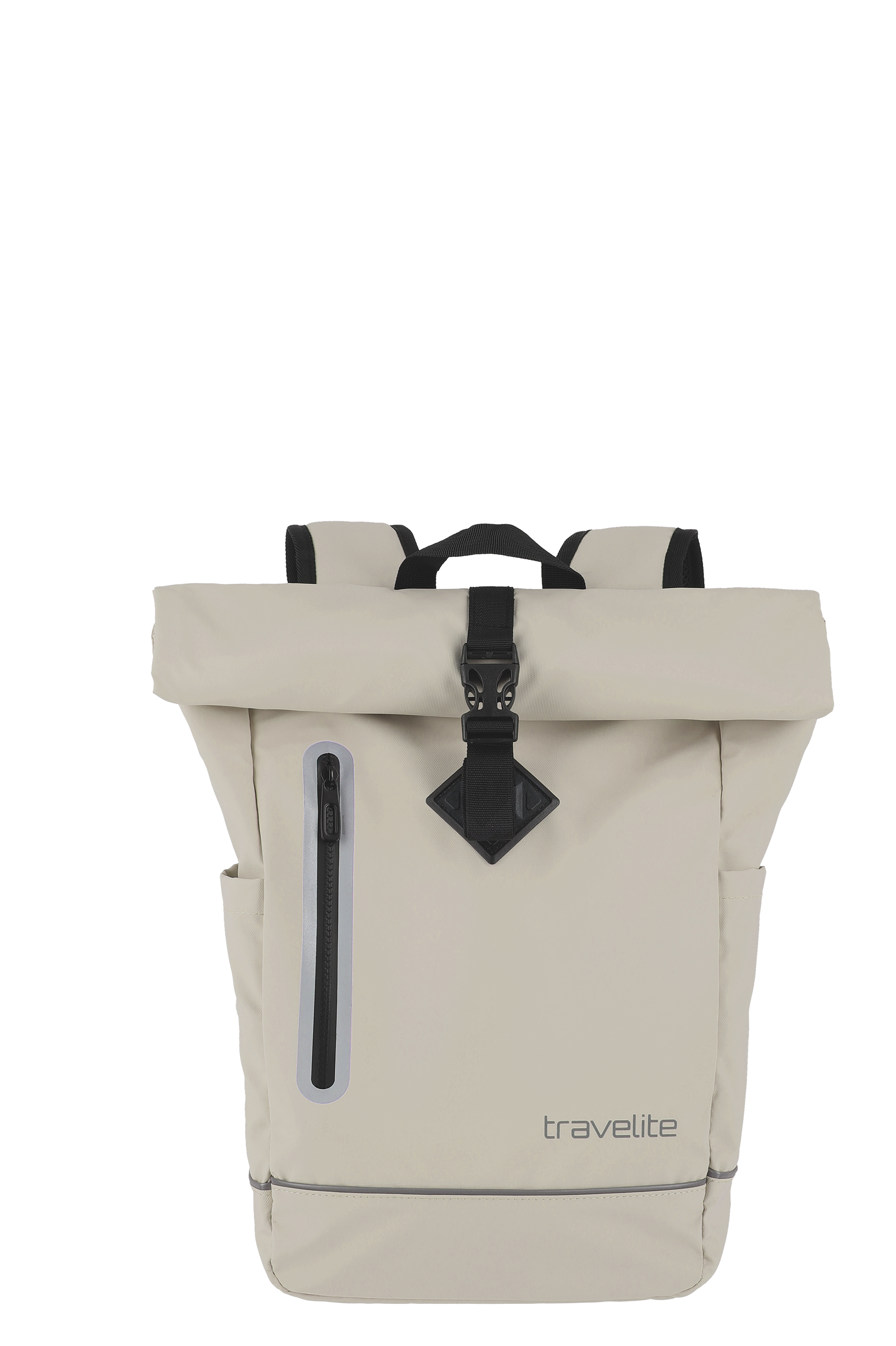 Front view of a beige roll-up backpack from TRAVELITE. The upper part is rolled up and fastened with a black fastener. A vertical zip pocket is visible. The TRAVELITE logo is printed on the bottom right.
