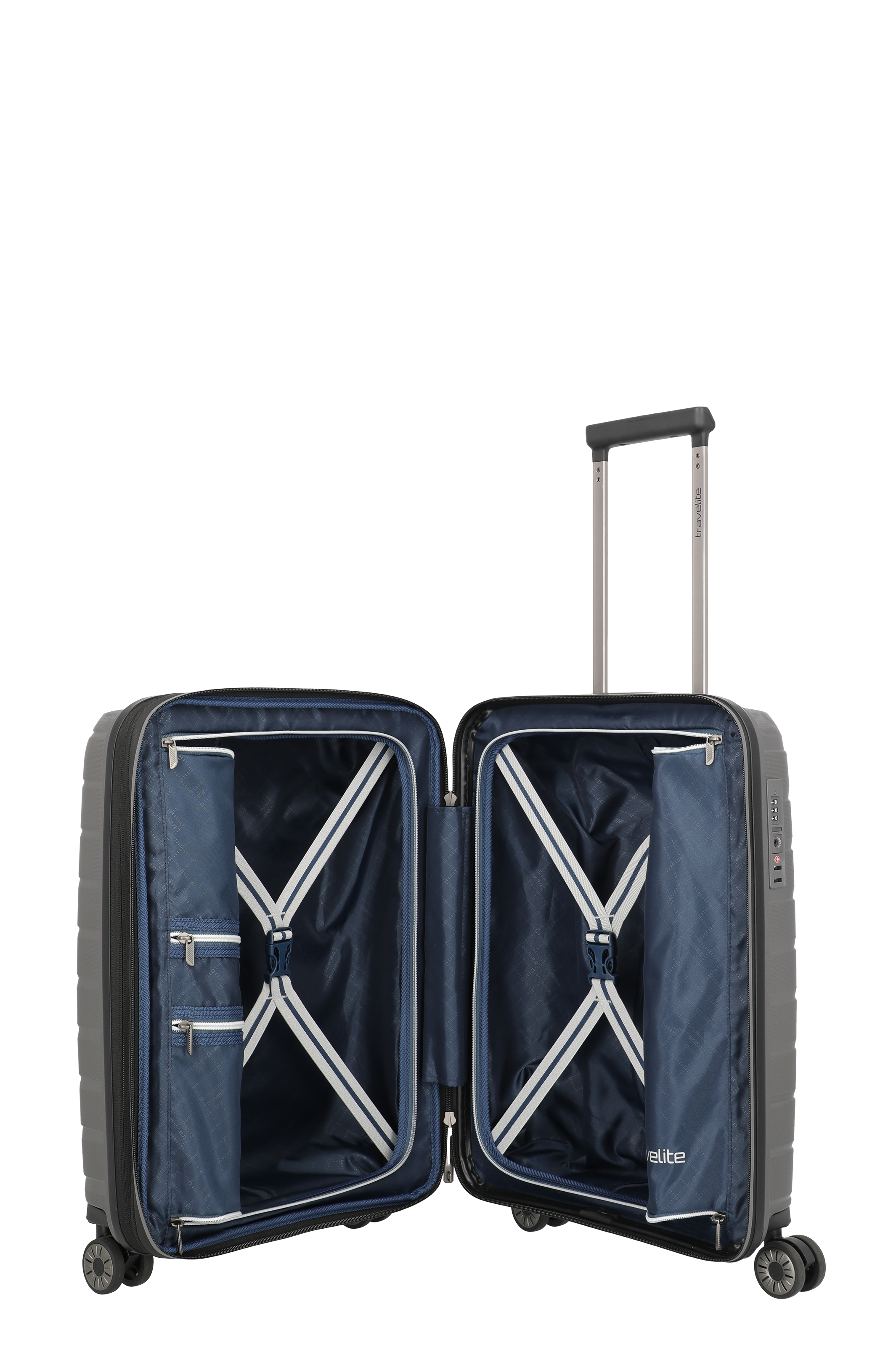 Aufgeklappter Hartschalenkoffer mit Spanngurten und Fächern in Dunkelblau auf vier Rollen