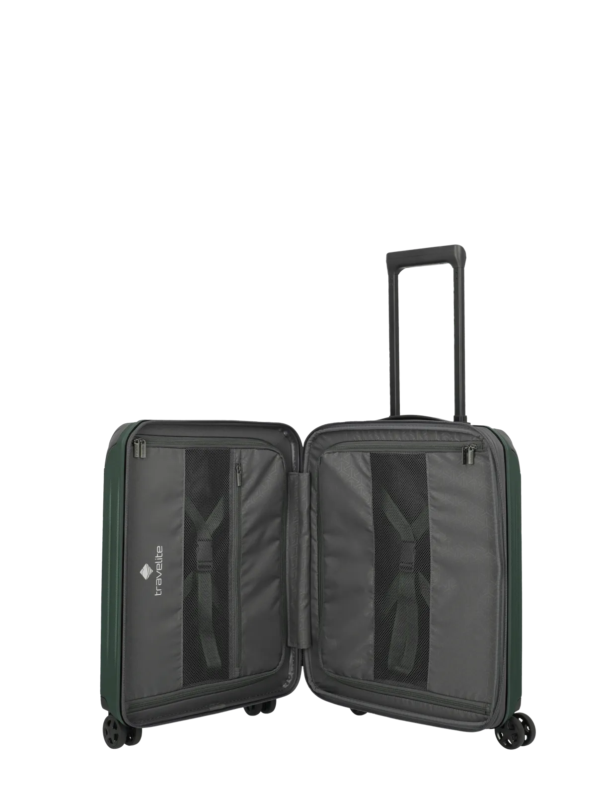 Offener grüner Koffer mit vier Rollen und Innenfächern von travelite