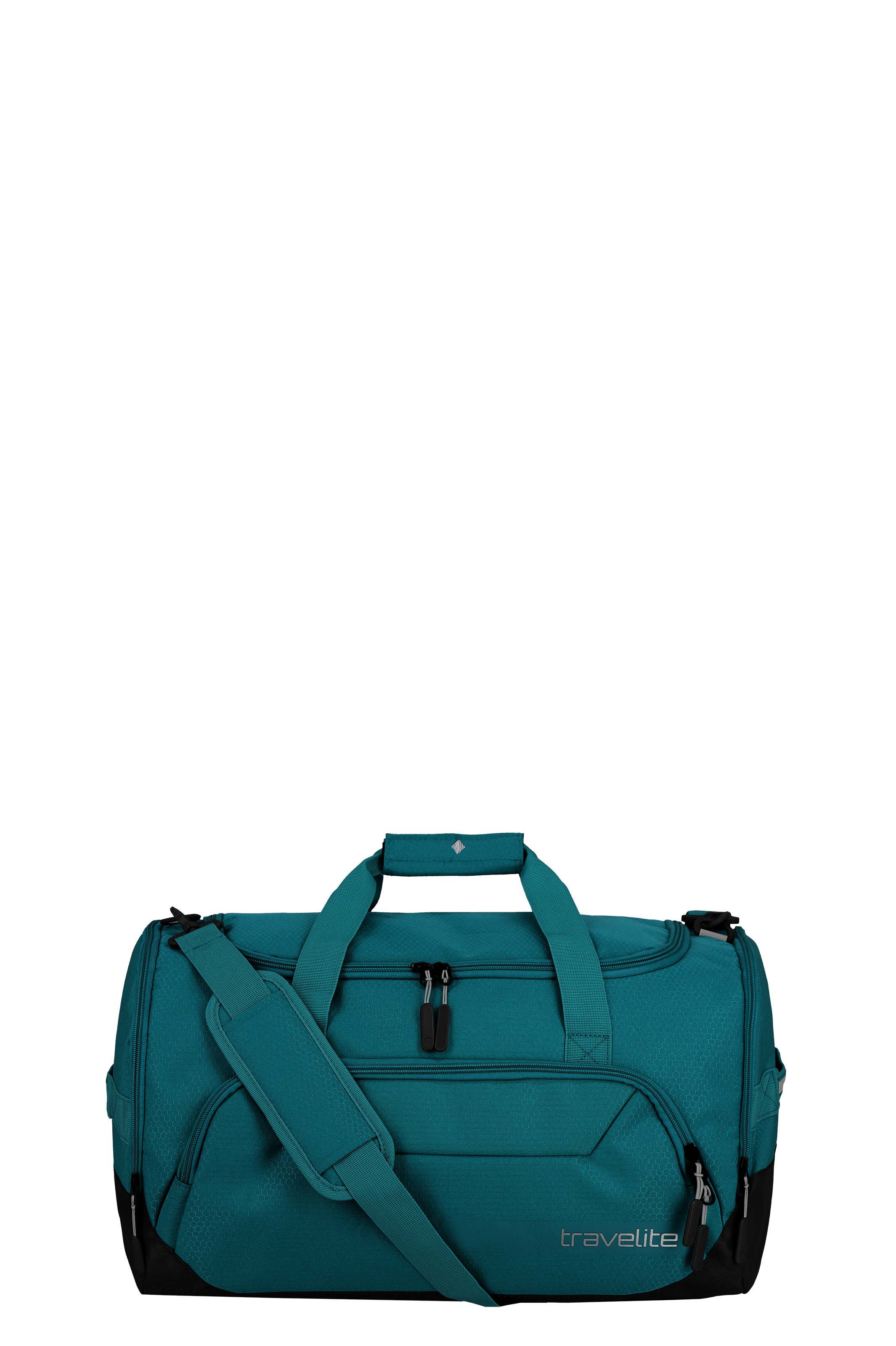 Close-up of a turquoise-coloured TRAVELITE leisure bag M floating in front of a black background. The bag has carrying handles, a shoulder strap with padding and several zip pockets. The brand logo is located at the bottom right.