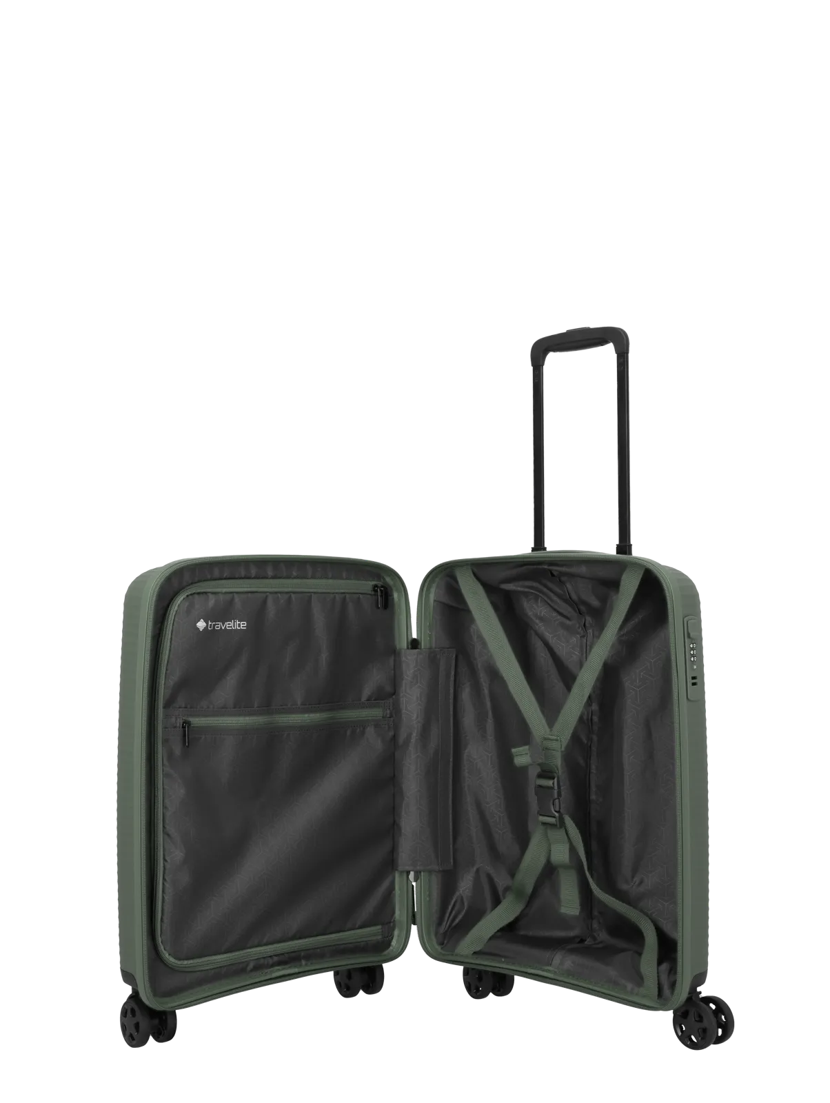 Offener, grüner Hartschalenkoffer mit Teleskopgriff und Trennwand, Modell von Travelite