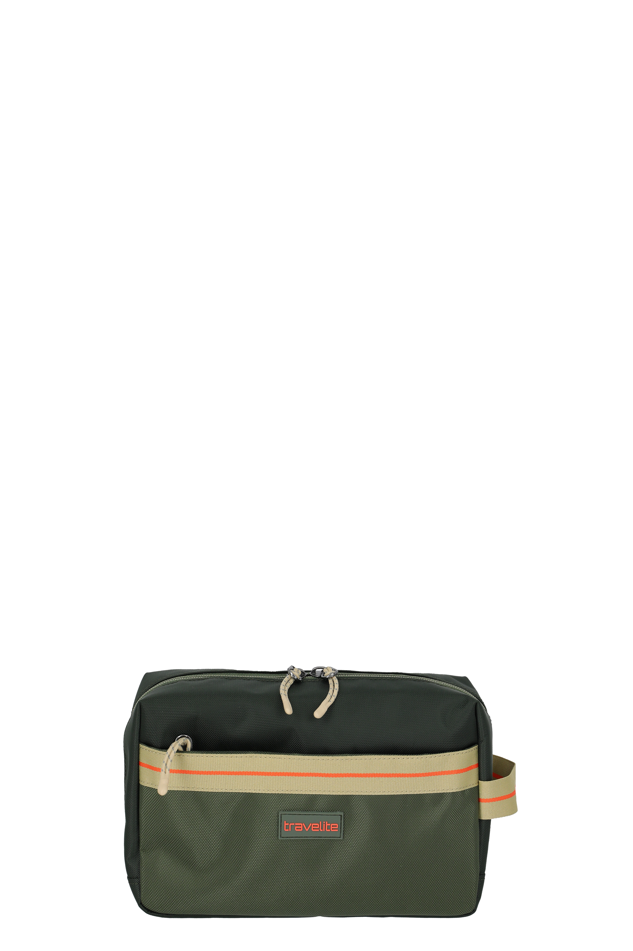 Borsa da toilette Travelite verde oliva con cerniera beige, tasca frontale e logo Travelite rosso, ideale per gli articoli da toilette in viaggio