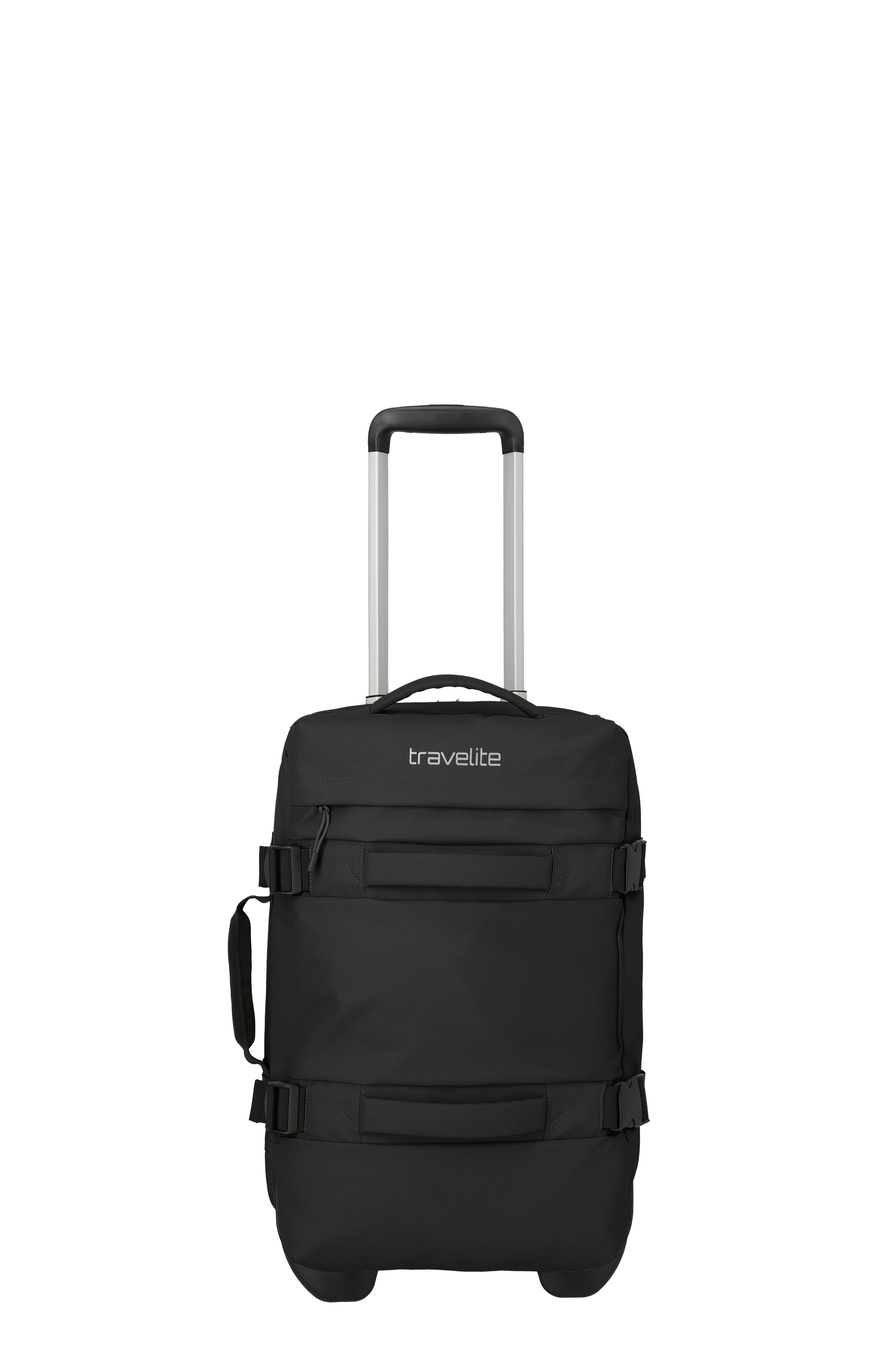 Schwarzer Rollkoffer der Marke Travelite vor schwarzem Hintergrund. Der Koffer hat einen ausziehbaren, silberfarbenen Griff und zwei Rollen am Boden. Zwei Tragegurte mit Schnallen umspannen den Koffer horizontal.