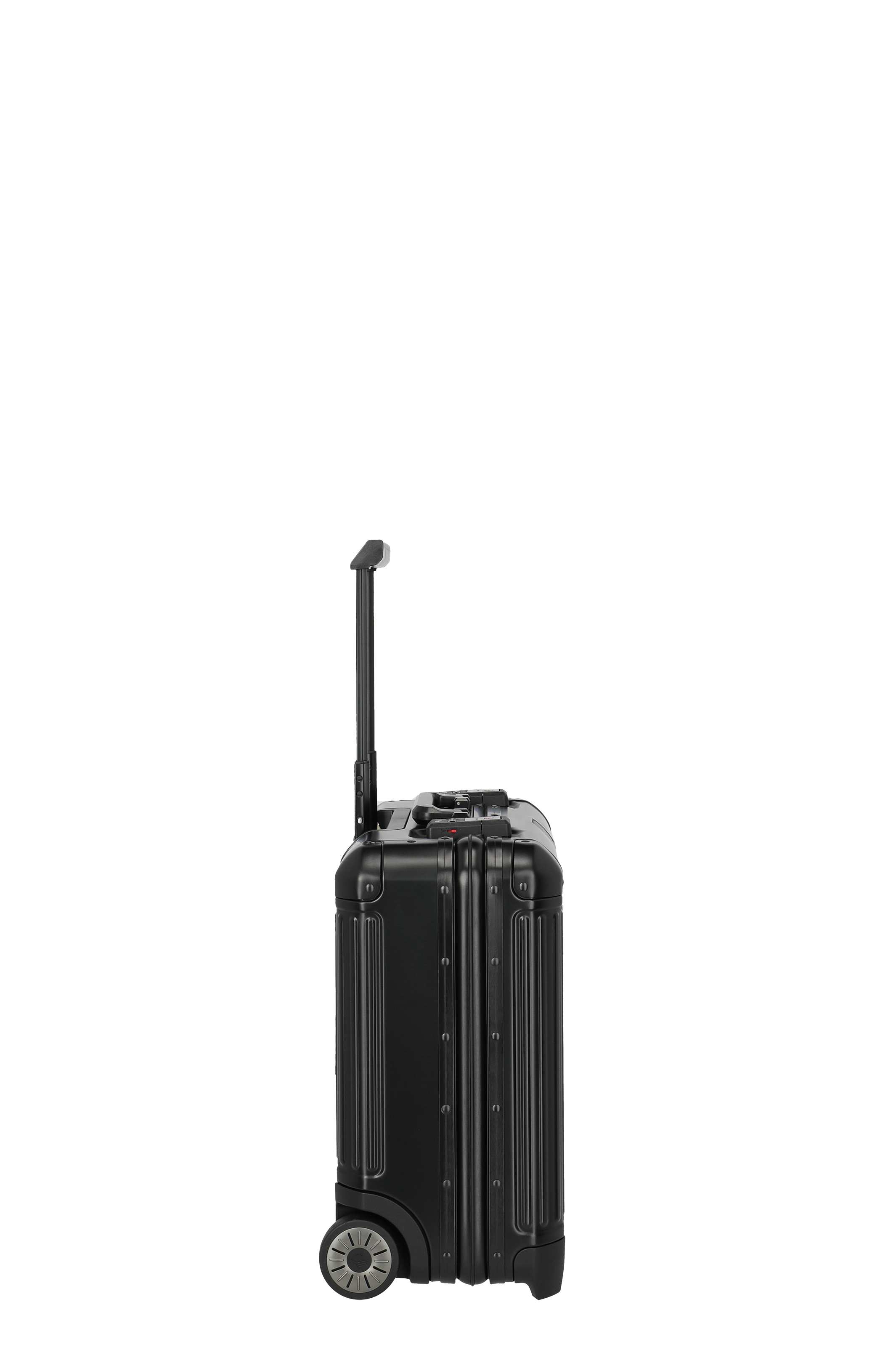 Robuster schwarzer Trolley-Koffer mit Teleskopgriff in Seitenansicht
