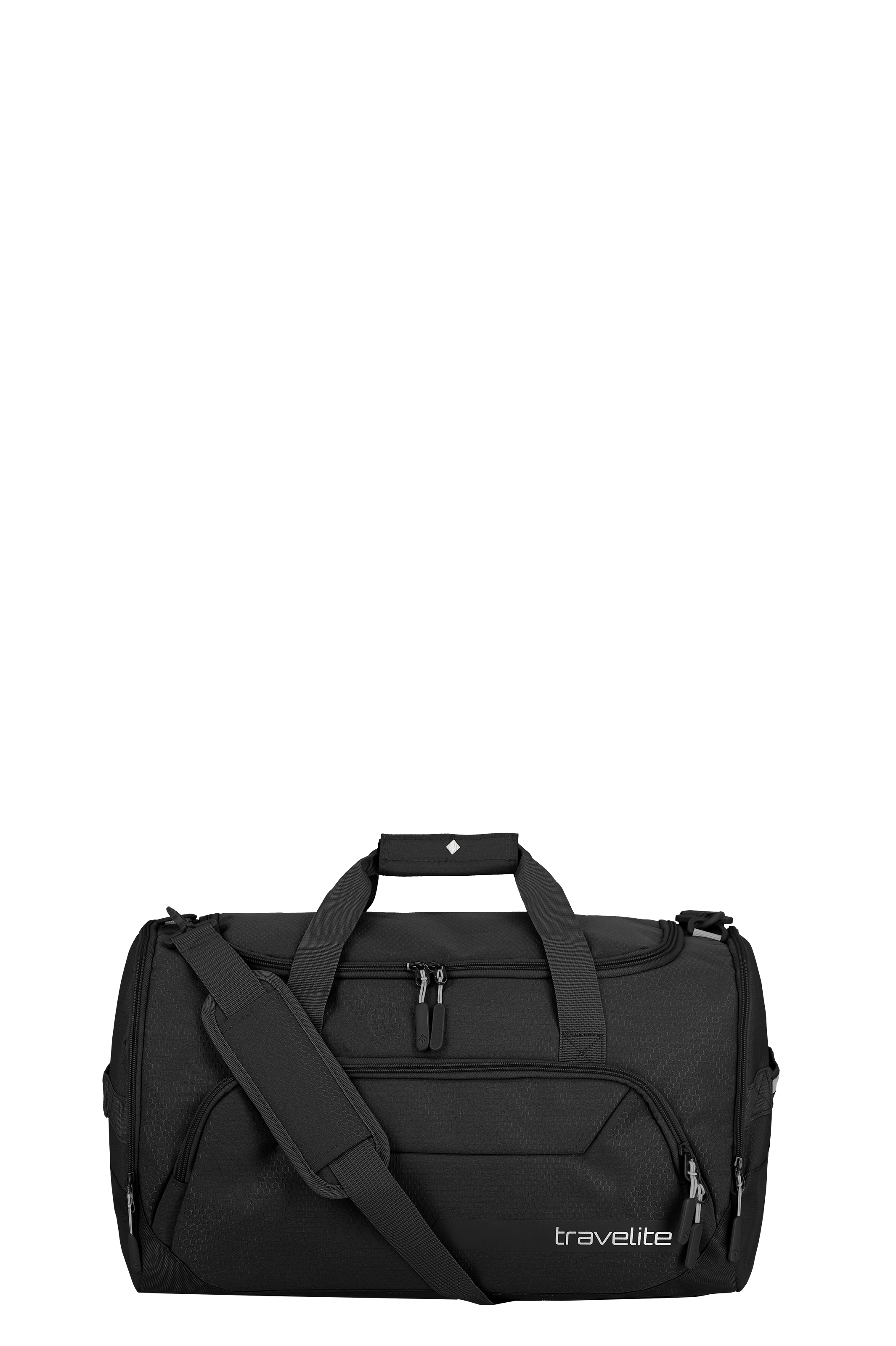 Sac de voyage gris foncé de TRAVELITE avec poignées, bandoulière et deux compartiments zippés sur le devant. Le sac est rectangulaire avec des coins arrondis. Le logo TRAVELITE est imprimé sur le côté droit.