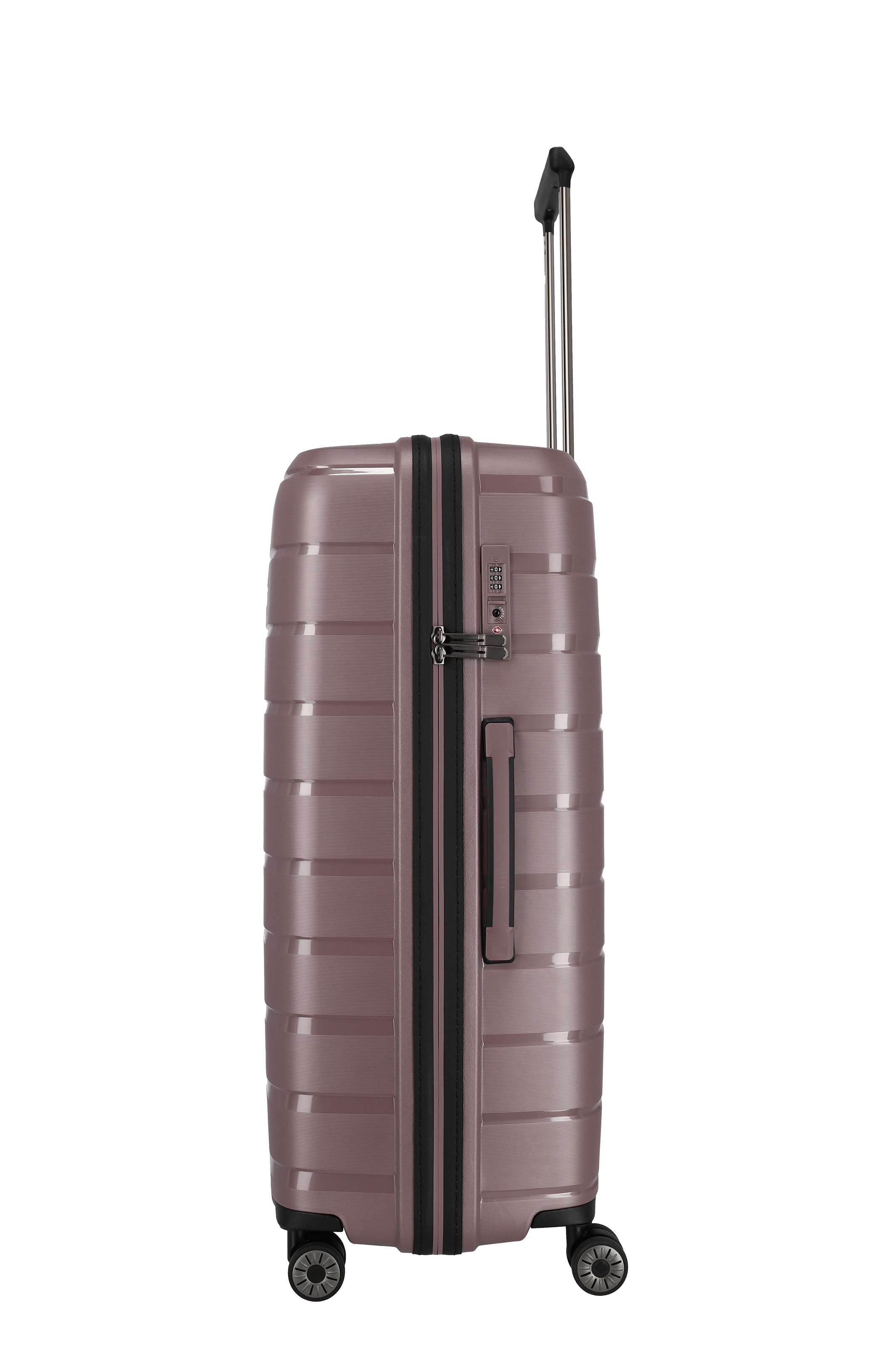 Moderner Hartschalenkoffer mit Zahlenschloss und Teleskopgriff in Braun, Seitenansicht