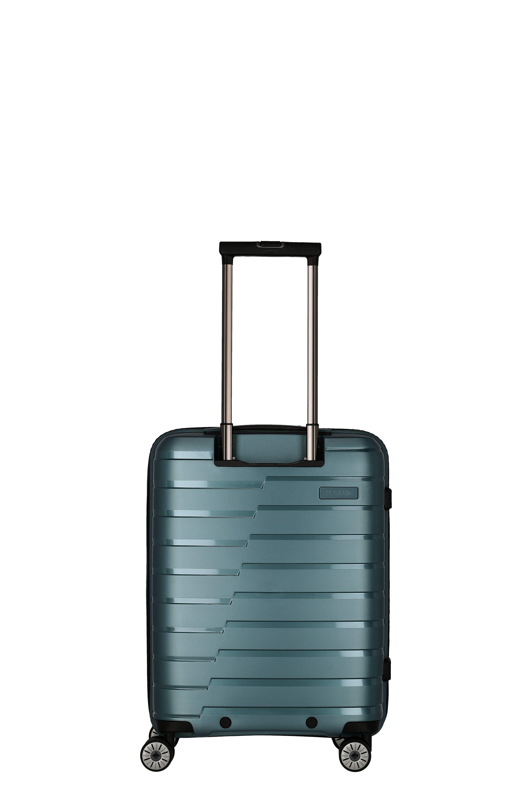 Moderner Hartschalenkoffer in Dunkelgrün mit ausziehbarem Teleskopgriff und vier Rollen