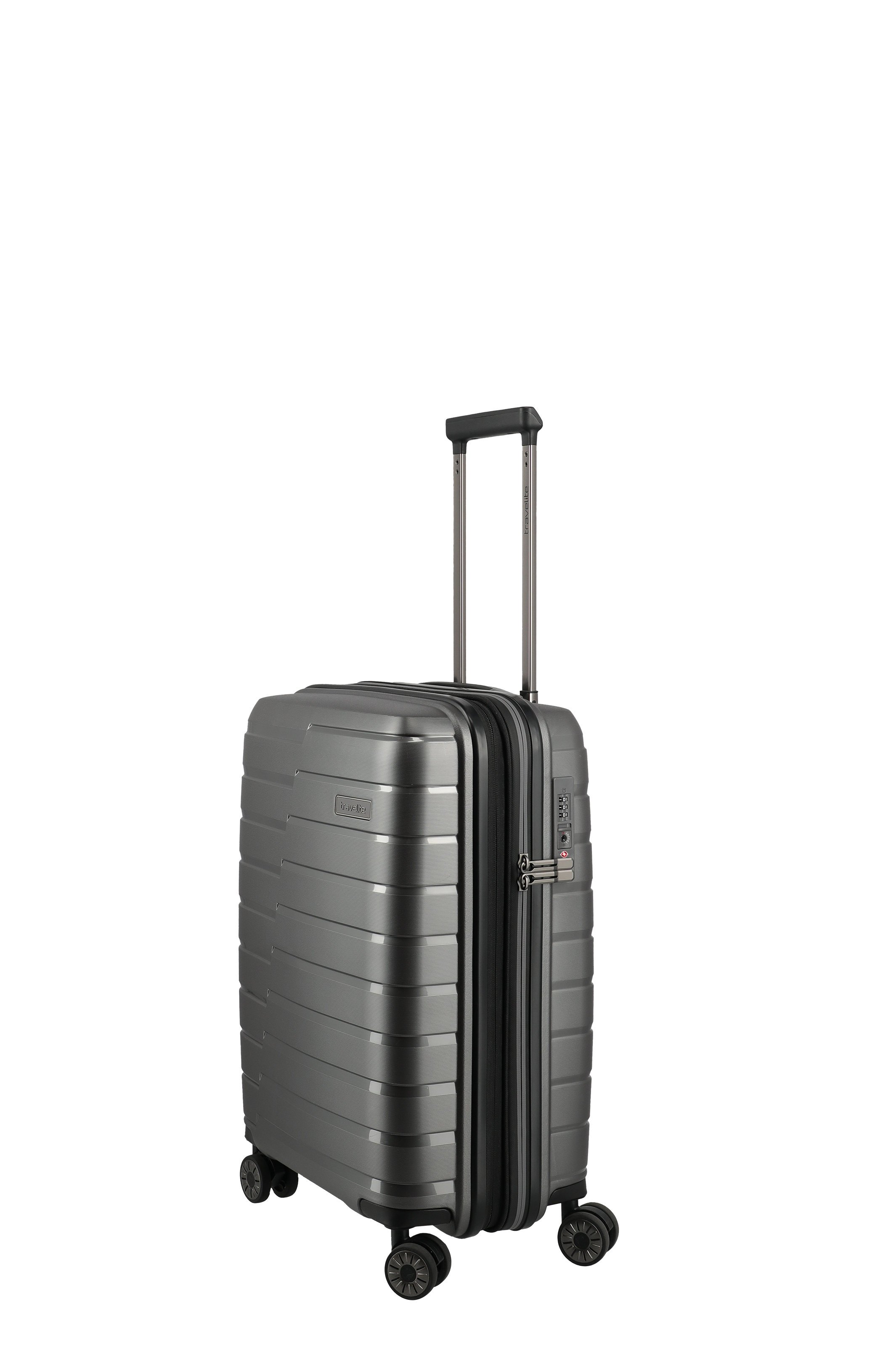 Moderner Hartschalenkoffer in Grau mit vier Rollen und Teleskopgriff – Handgepäckgröße